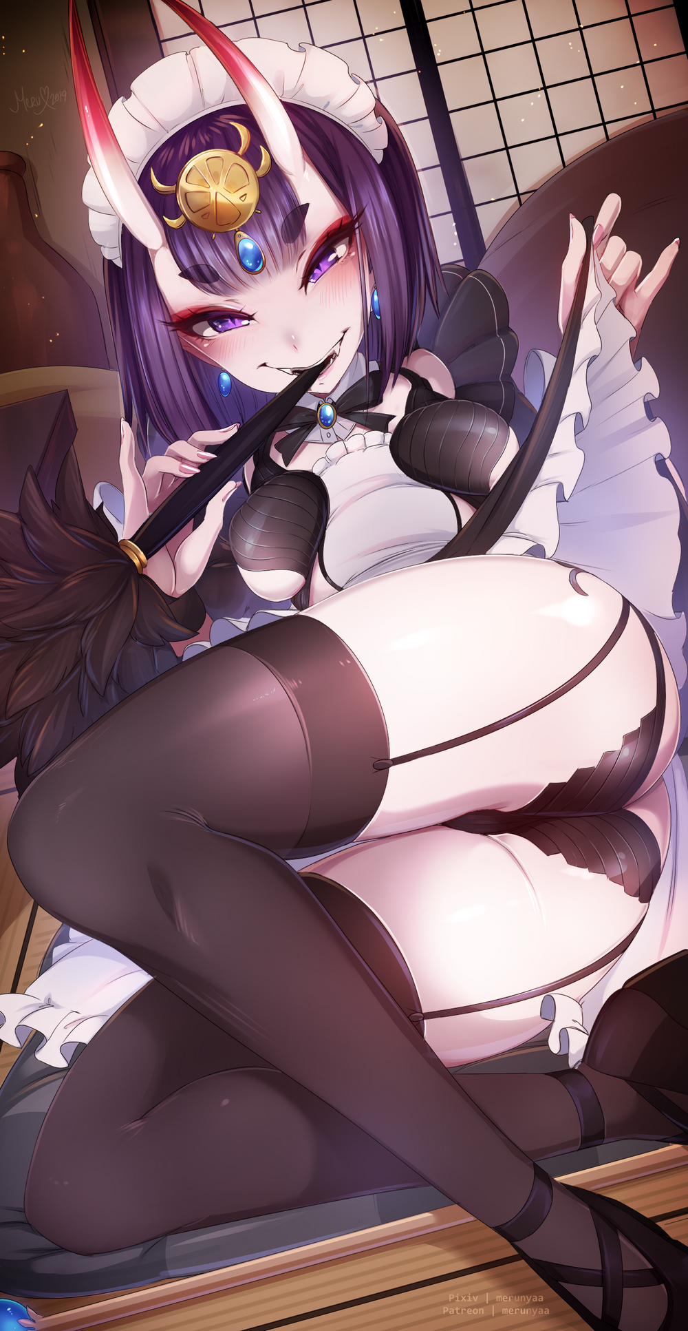 ass fate/grand_order horns maid merunyaa pantsu shuten_douji_(fate) skirt_lift stockings thighhighs