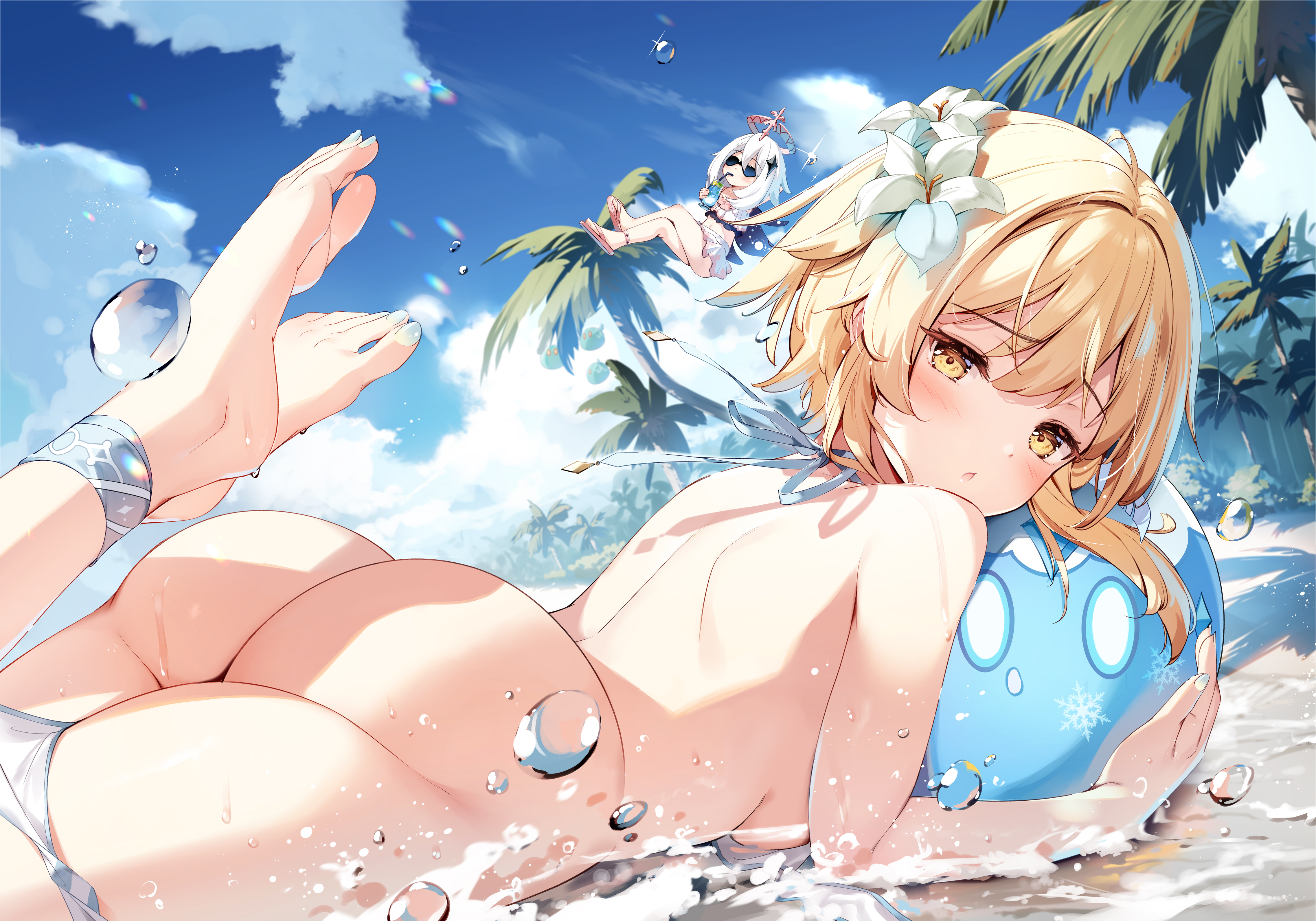 ass bikini feet genshin_impact lumine megane miyase_mahiro paimon panty_pull skirt_lift swimsuits topless wet