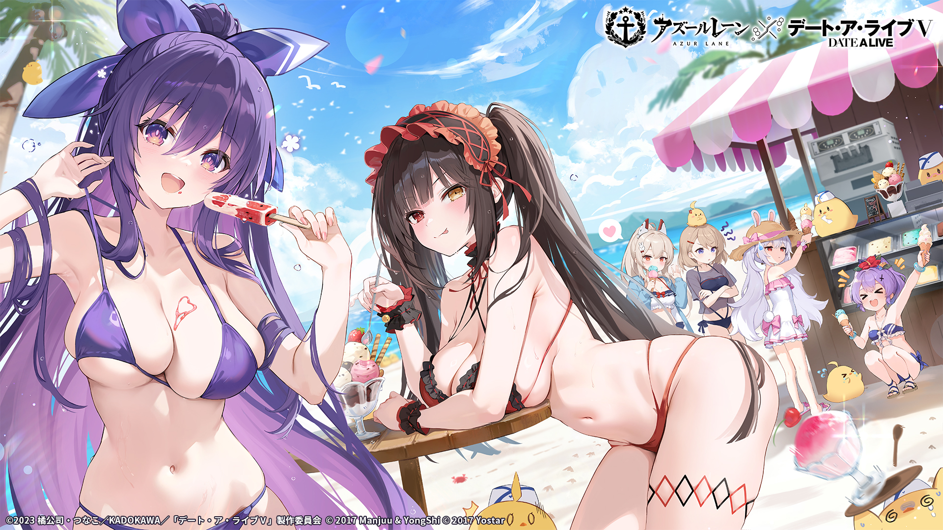 animal_ears ayanami_(azur_lane) azur_lane bikini bunny_ears cream crossover date_a_live garter heterochromia javelin_(azur_lane) laffey_(azur_lane) manjuu_(azur_lane) open_shirt see_through swimsuits tagme tail tokisaki_kurumi undressing wallpaper yatogami_tooka z23_(azur_lane)
