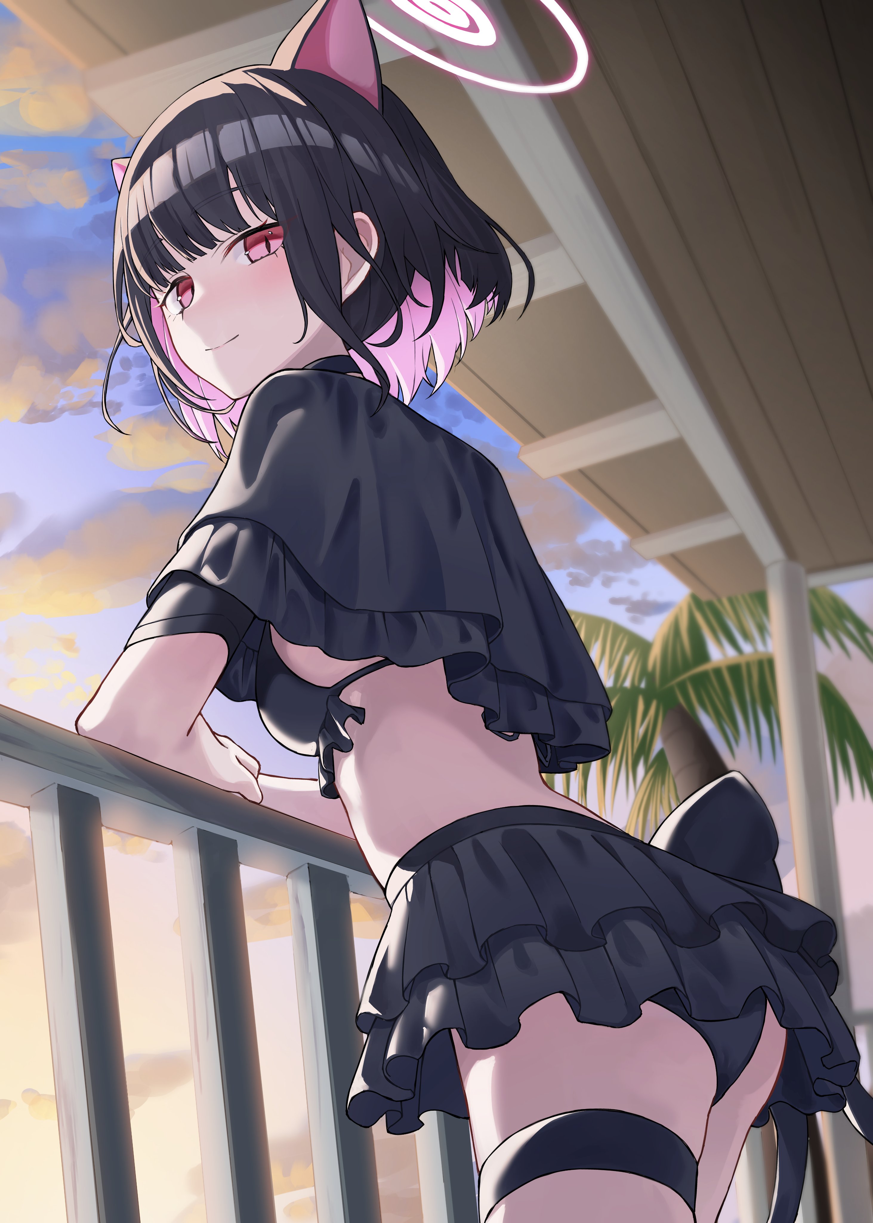 animal_ears bikini blue_archive garter halo heimu_(heim_kstr) kyouyama_kazusa nekomimi skirt_lift swimsuits