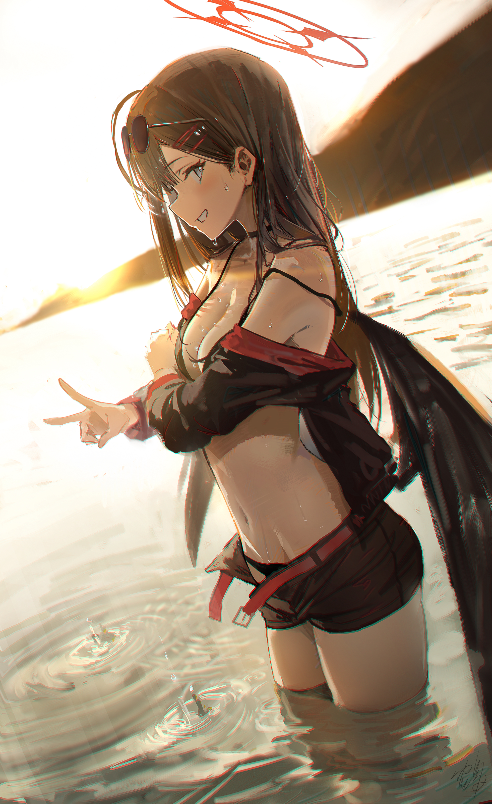 angel bikini blue_archive breast_hold hidulume megane nakamasa_ichika open_shirt swimsuits thighhighs wet wings