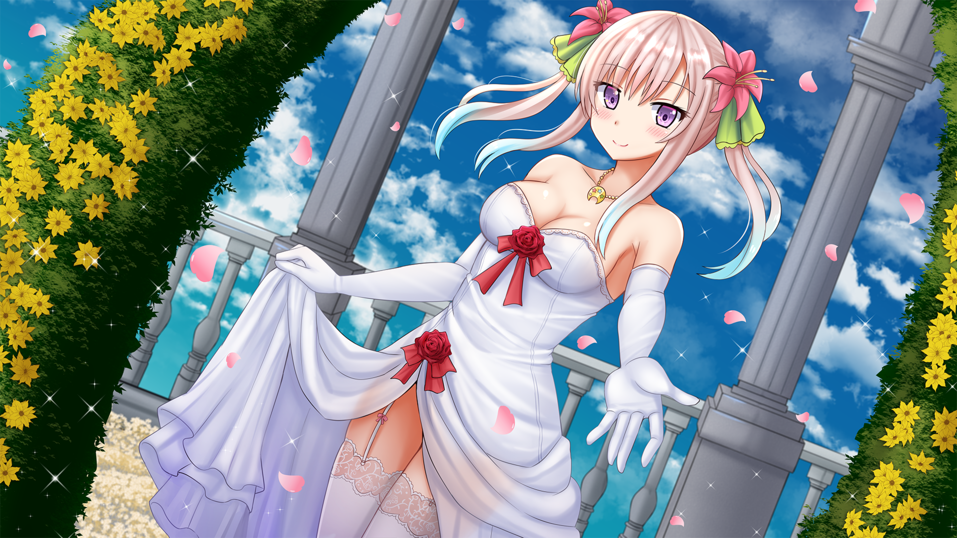 airani_iofifteen cleavage dress hololive hololive_indonesia kazenokaze no_bra see_through skirt_lift stockings thighhighs wallpaper wedding_dress