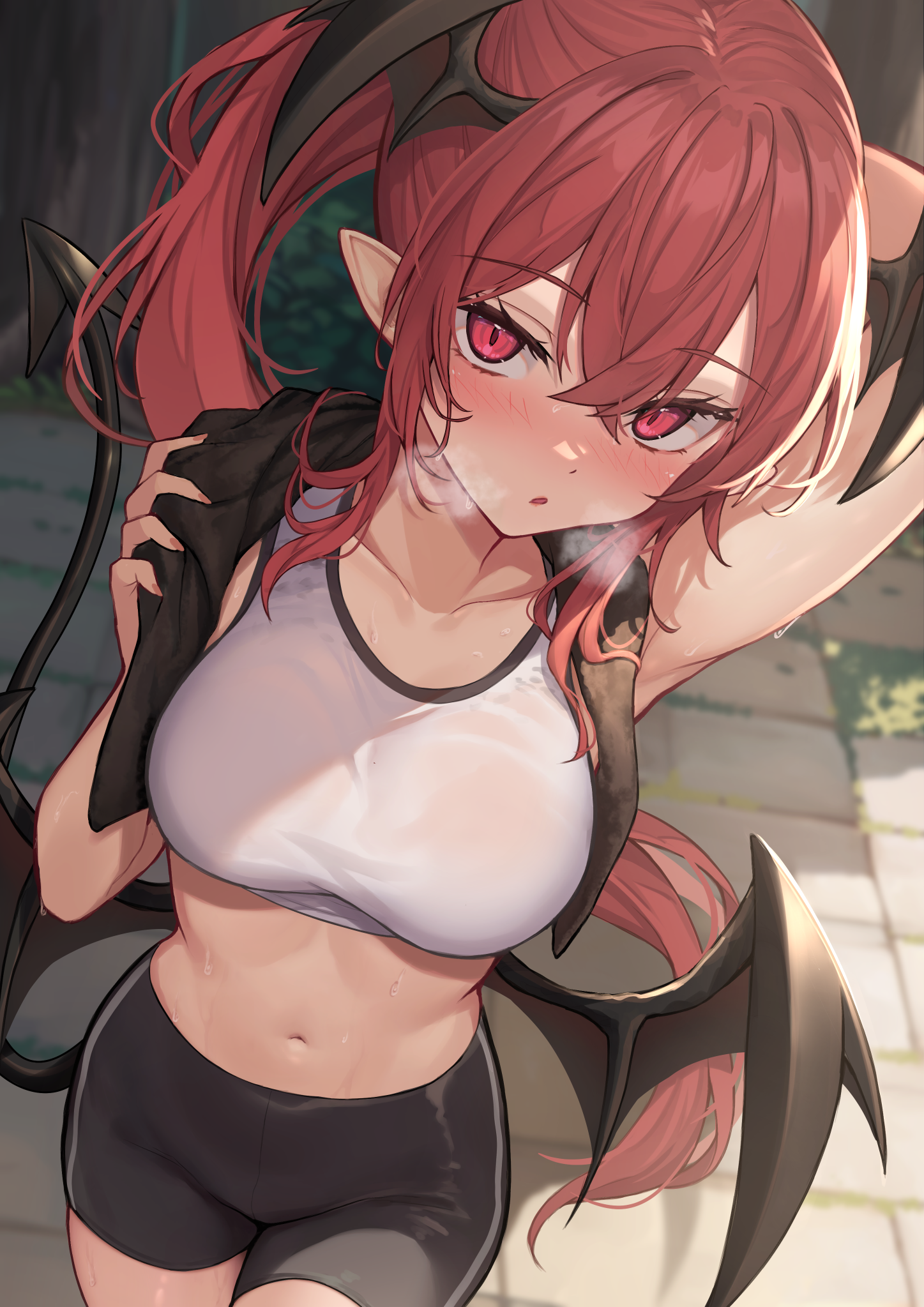 bike_shorts koakuma pointy_ears see_through tail touhou wet wet_clothes wings wowoguni