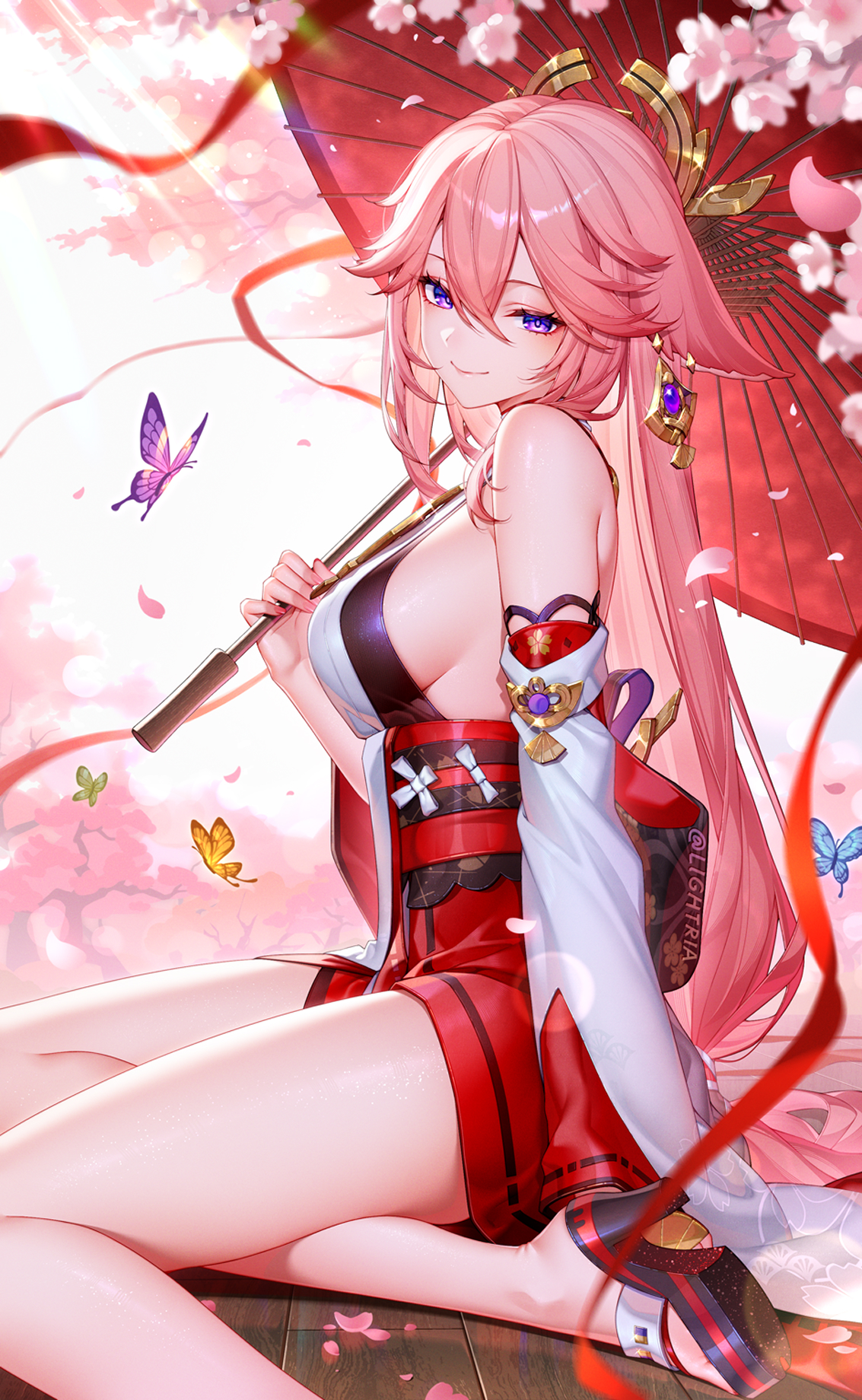 animal_ears genshin_impact heels japanese_clothes kitsune lightria no_bra umbrella yae_miko