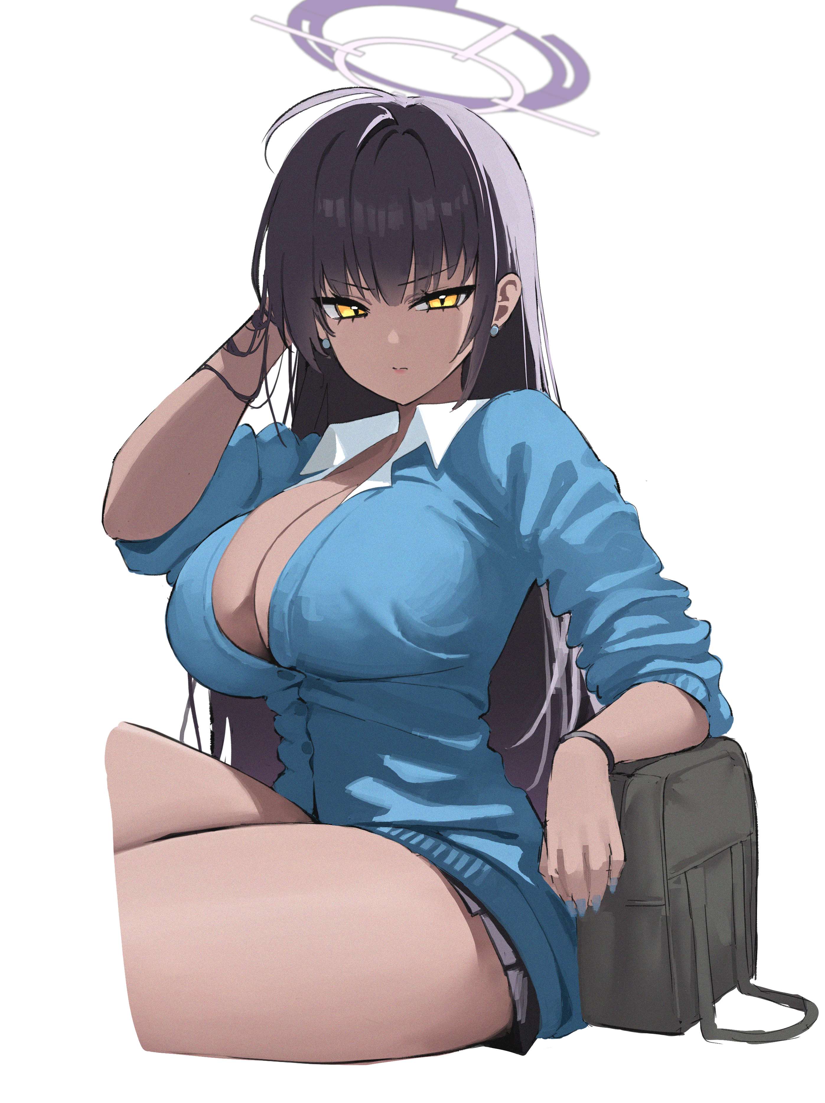 blue_archive cleavage halo kakudate_karin kono_(xerondan321) open_shirt seifuku sweater