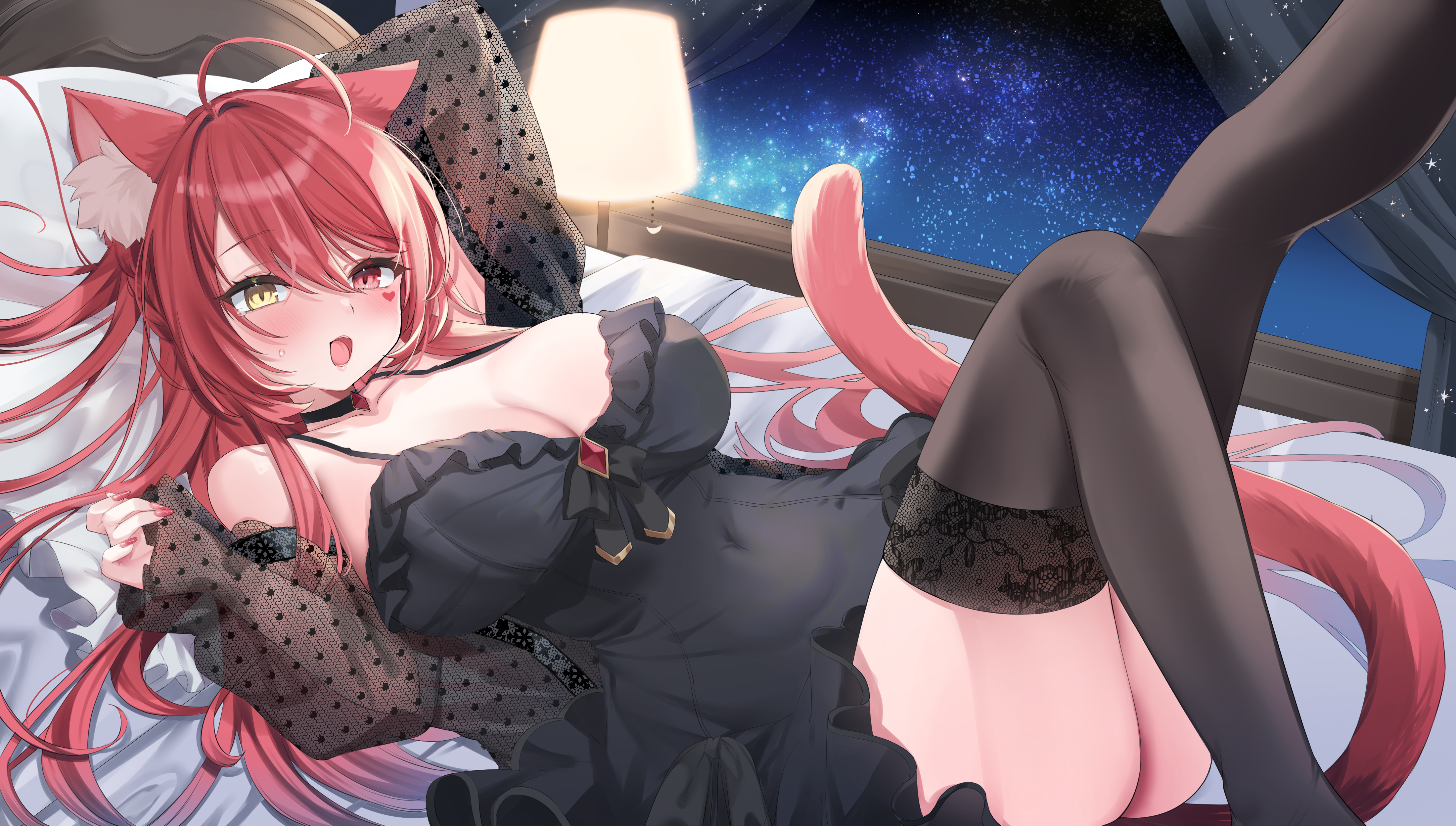 akahaneko animal_ears dress heterochromia nekomimi no_bra see_through tail tattoo thighhighs