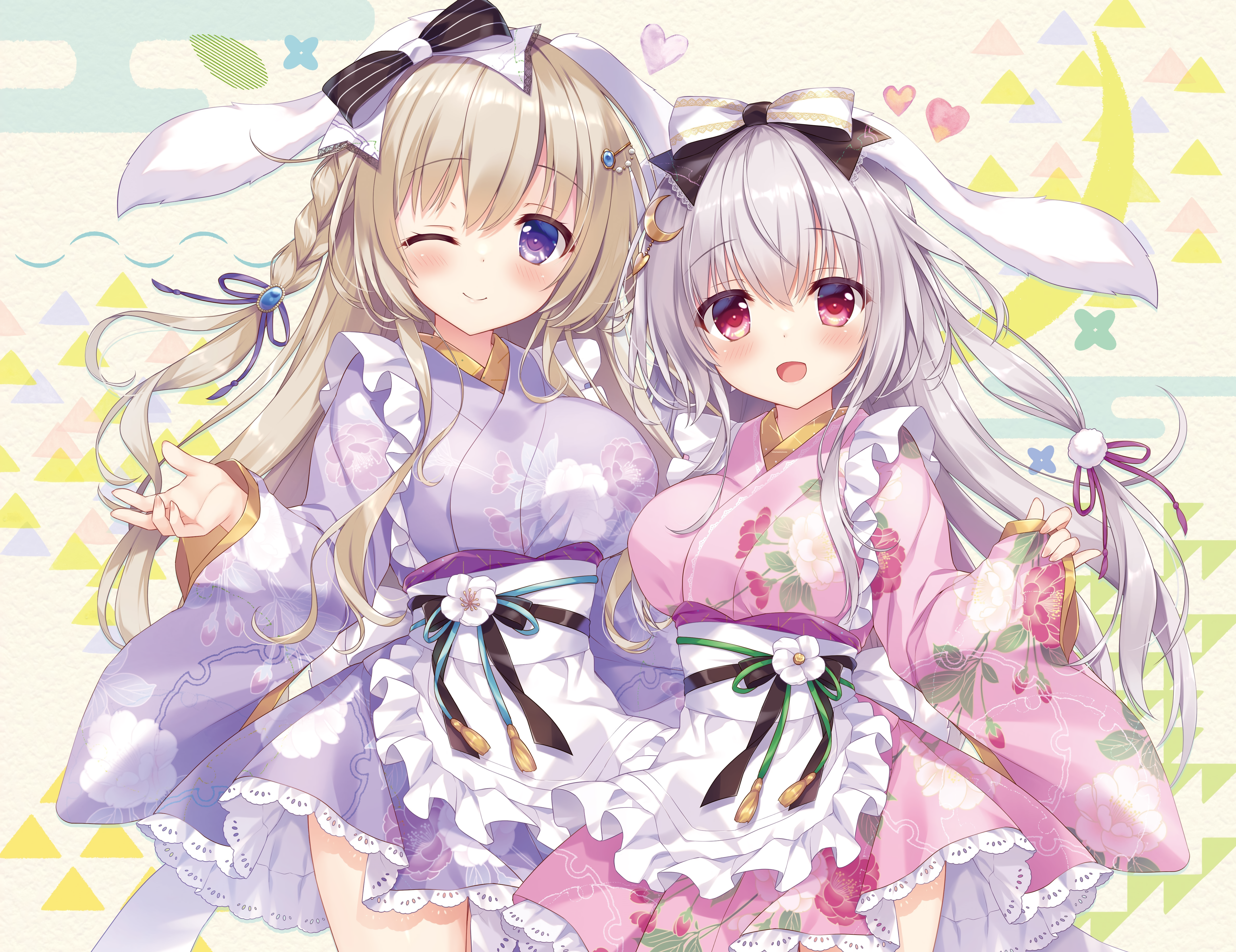 ameto_yuki animal_ears blanc_(ameto_yuki) bunny_ears detexted ecru_(ameto_yuki) maid skirt_lift wa_maid