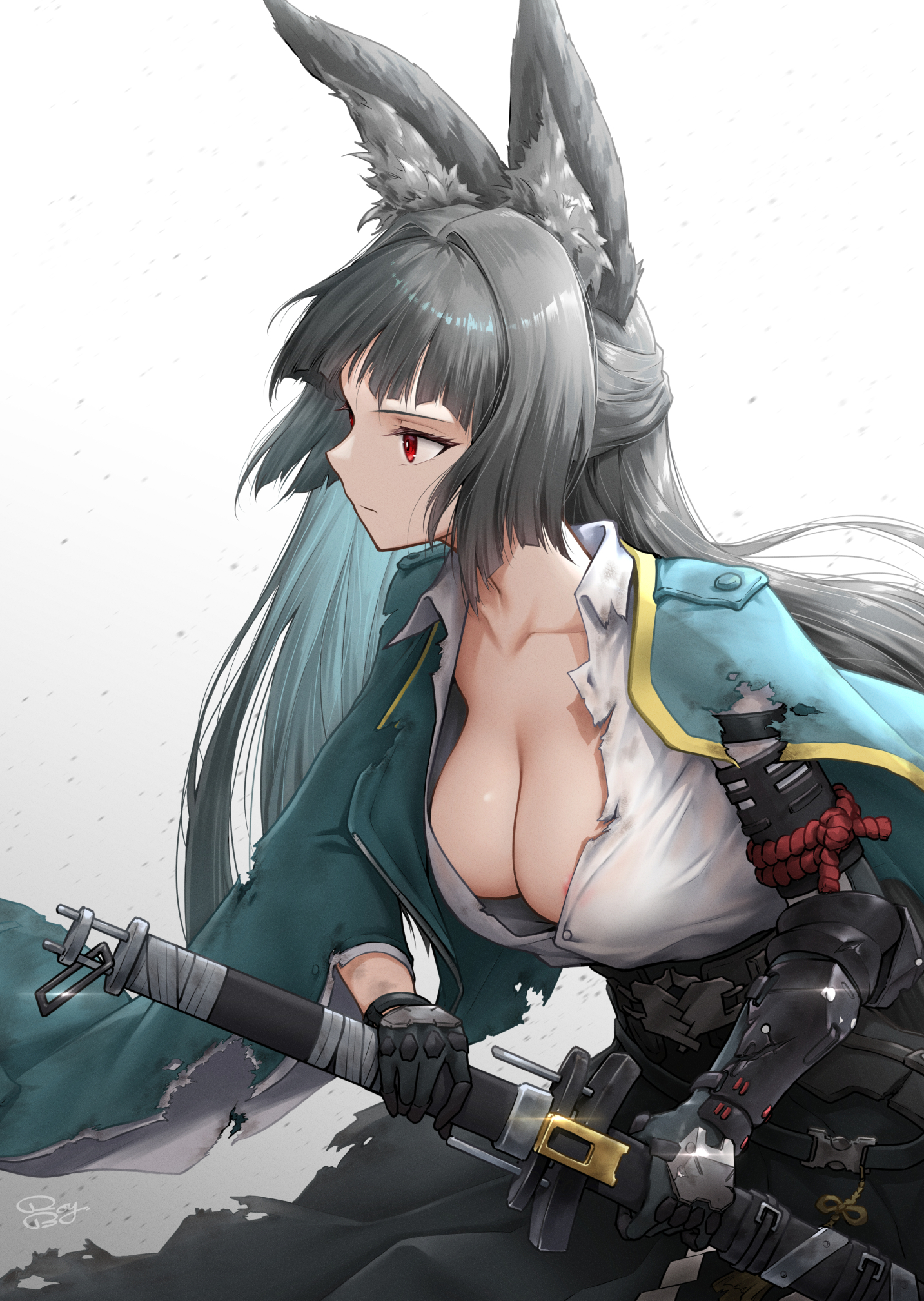 animal_ears areola armor hoshimi_miyabi kitsune no_bra open_shirt royboy see_through sword torn_clothes uniform zenless_zone_zero