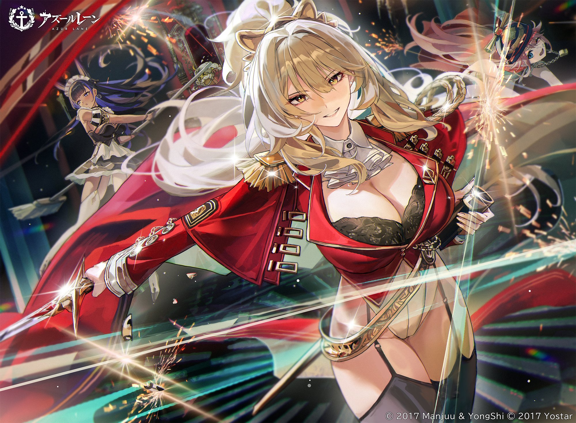 animal_ears azur_lane bra cleopatra_(azur_lane) gallant_(azur_lane) leotard lion_(azur_lane) maid manjuu_(azur_lane) stockings sword tagme thighhighs uniform