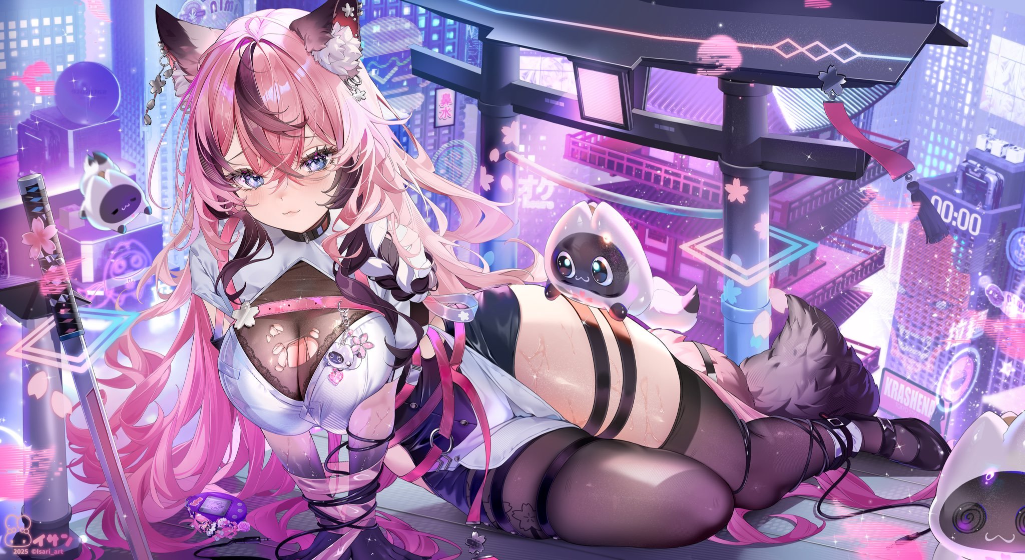 animal_ears bondage bra garter indie_virtual_youtuber isari_sensei sachi_mizora_(vtuber) see_through sword tail thighhighs torn_clothes wet