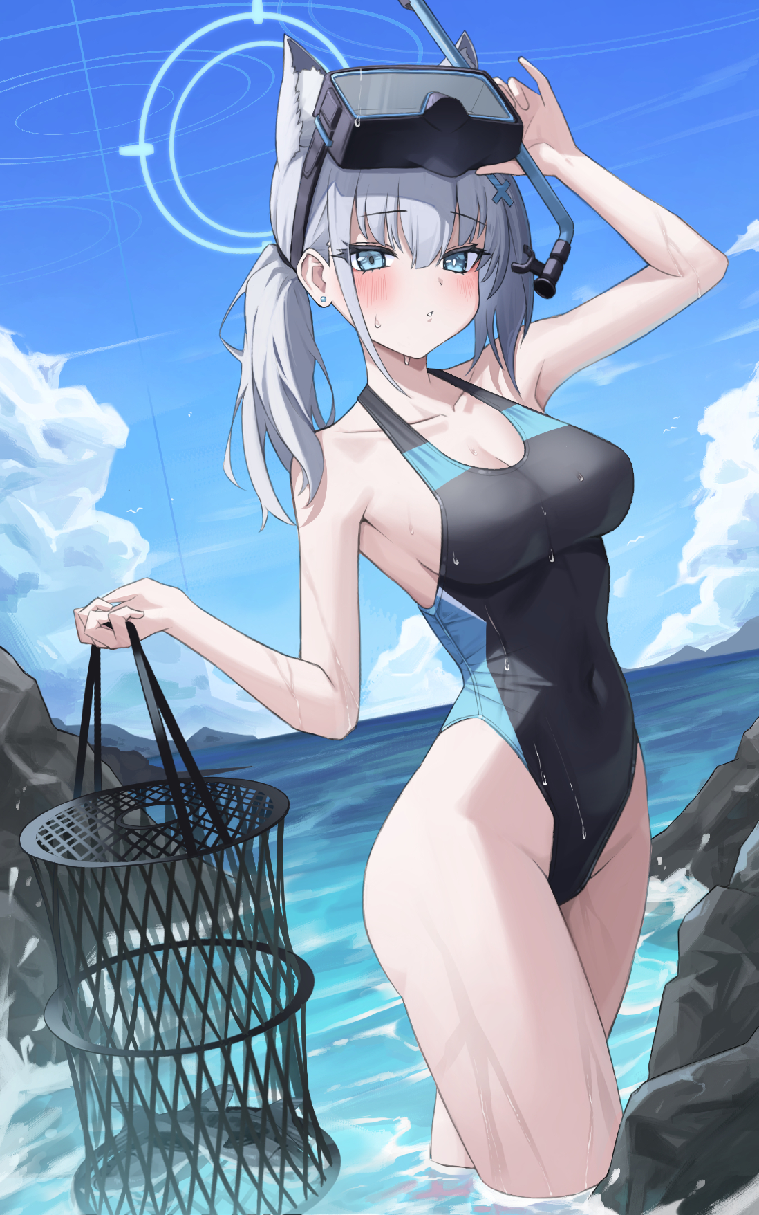 animal_ears blue_archive dori_(choejeongmin7) halo nekomimi sunaookami_shiroko swimsuits wet