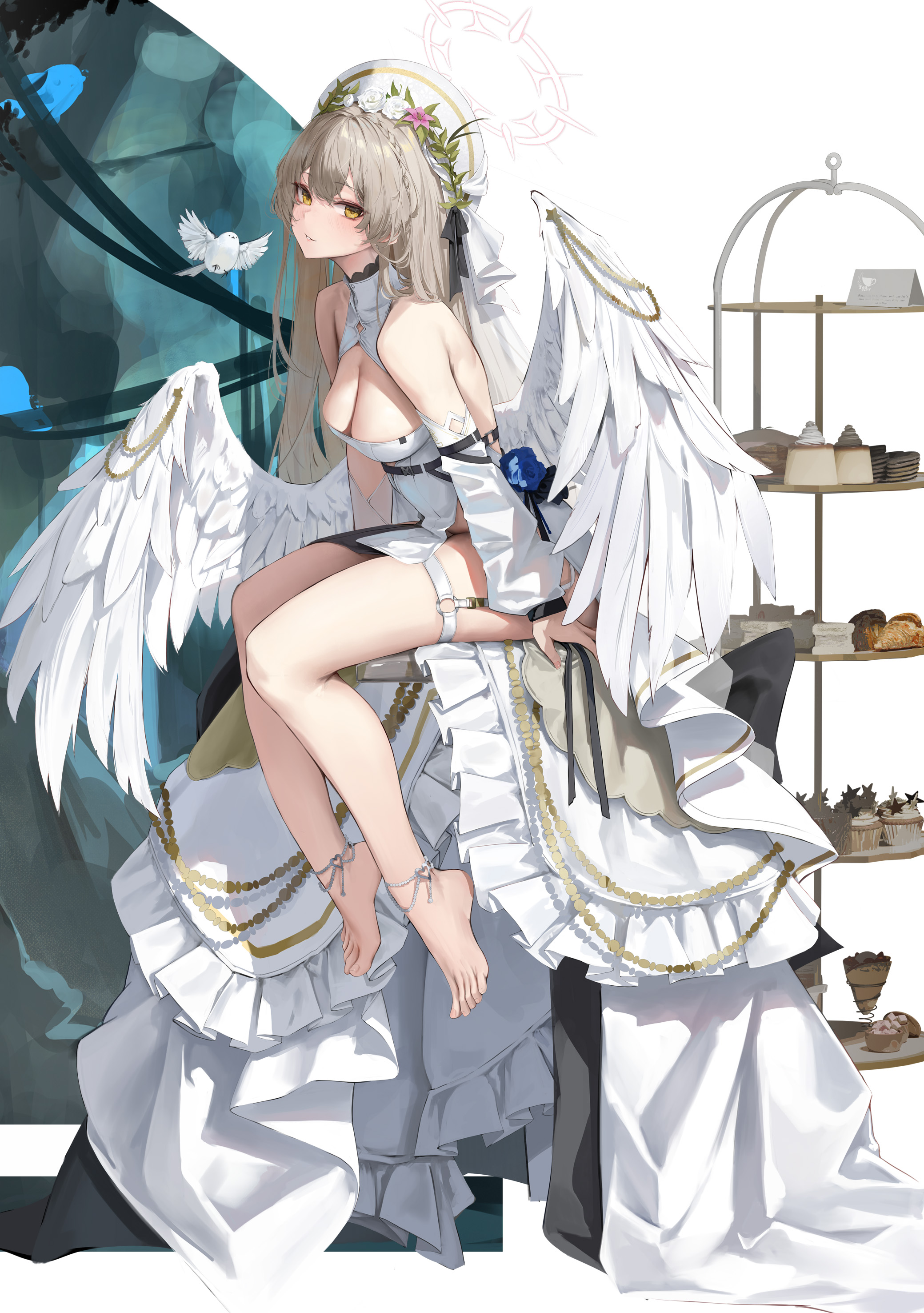 angel blue_archive dress garter halo hiki_niito kirifuji_nagisa no_bra wedding_dress wings