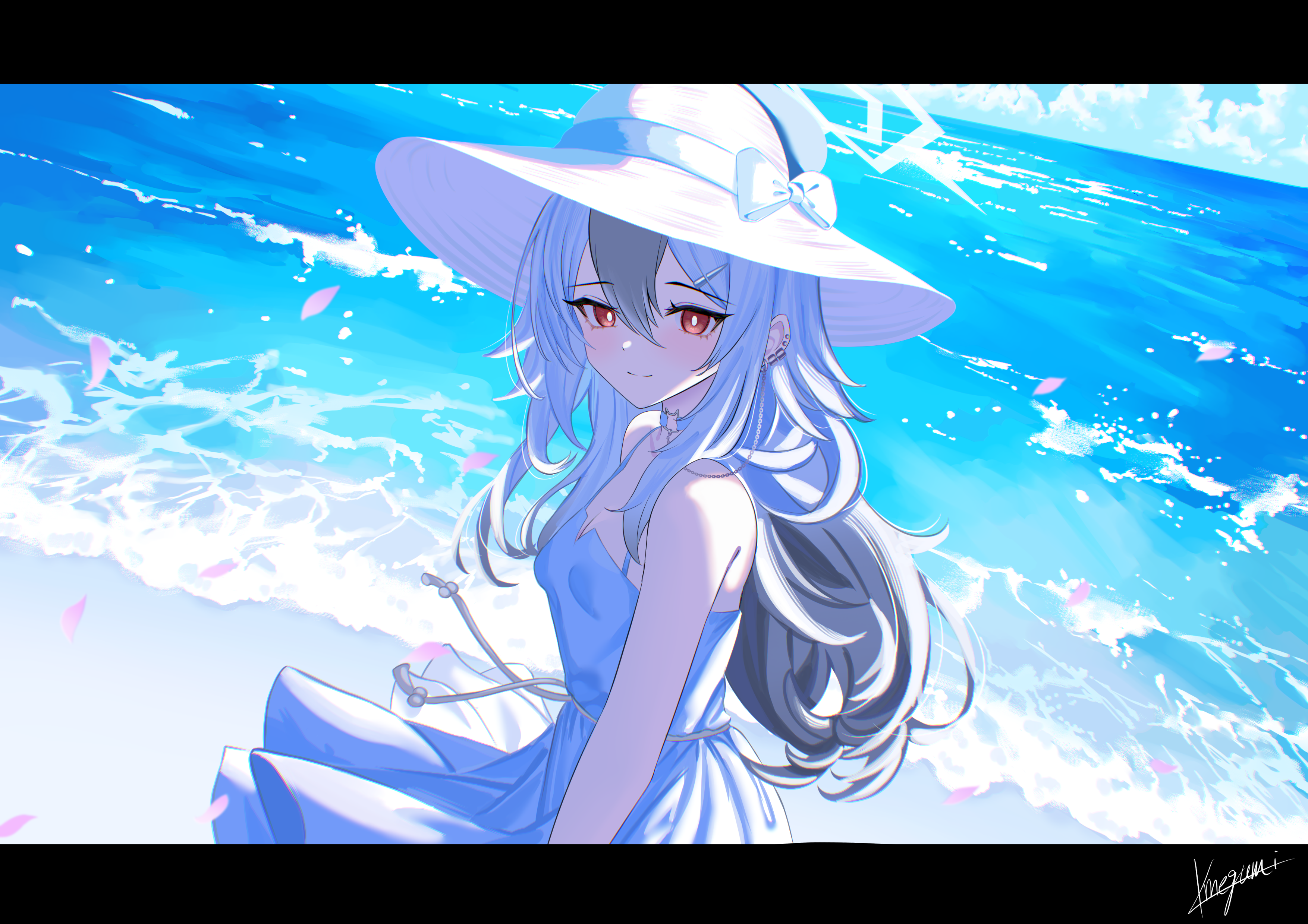 blue_archive dress halo horns megumi_kei onikata_kayoko skirt_lift summer_dress