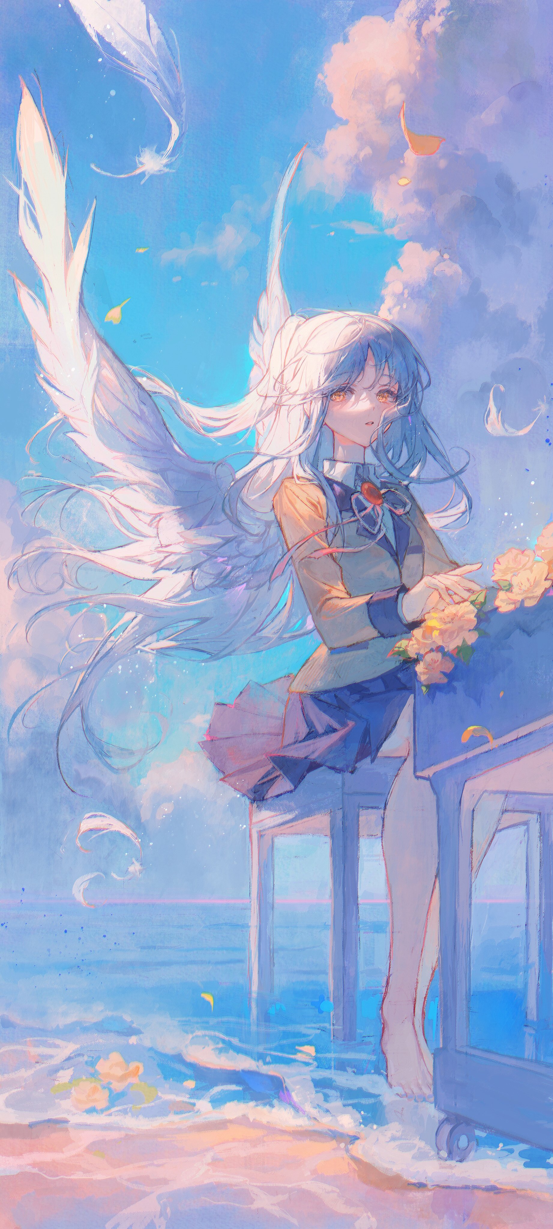 angel_beats! maccha_(mochancc) seifuku skirt_lift tachibana_kanade wings