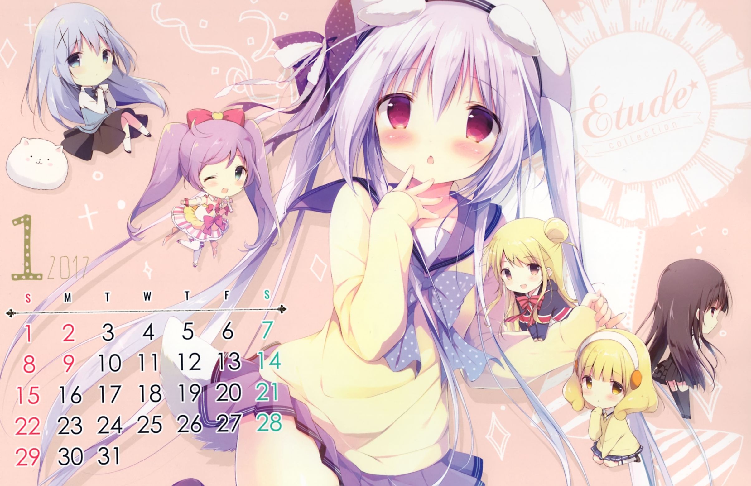 animal_ears calendar chibi crossover gochuumon_wa_usagi_desu_ka? inu_x_boku_ss inumimi kafuu_chino kin'iro_mosaic kise_yayoi kujou_karen manaka_lala pretty_cure pretty_series pripara seifuku shirakiin_ririchiyo shiratama shiratamaco shiroi_inu skirt_lift smile_precure! stockings sweater tail thighhighs tippy_(gochuumon_wa_usagi_desu_ka?) uniform waitress