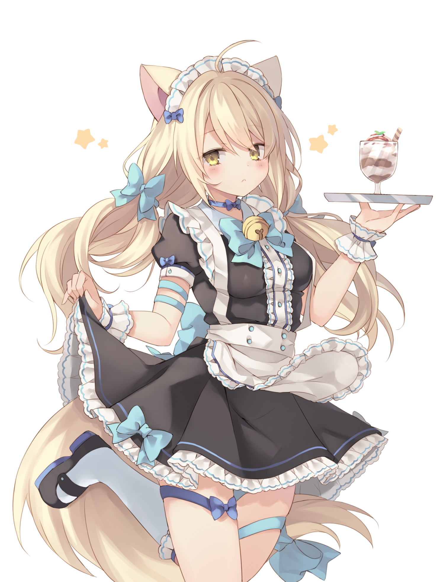 animal_ears cream_(kkyuang) garter maid nekomimi rento_(rukeai) skirt_lift tail waitress