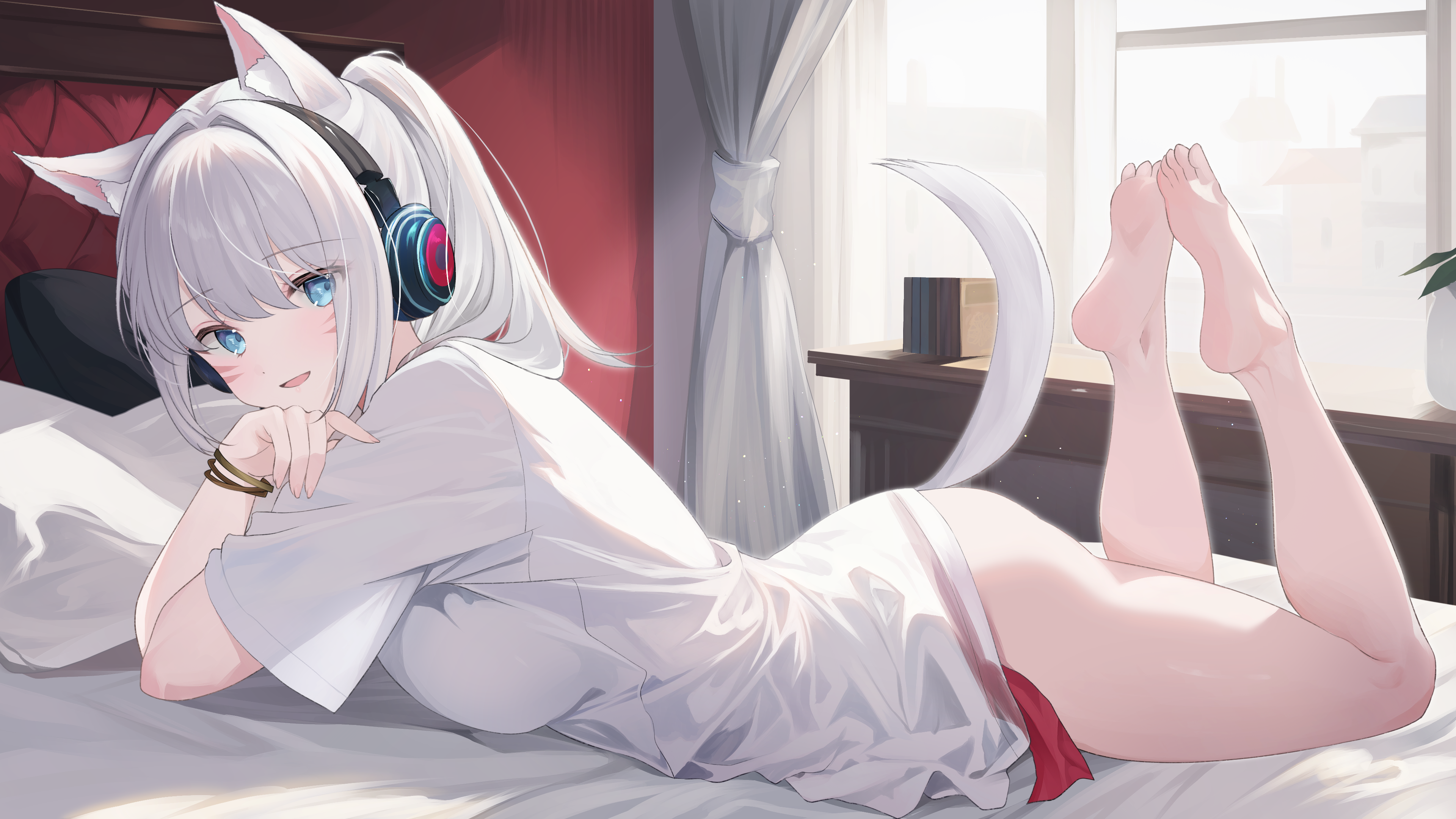 animal_ears final_fantasy final_fantasy_xiv headphones kurage_cc miqo'te nekomimi see_through tail wallpaper