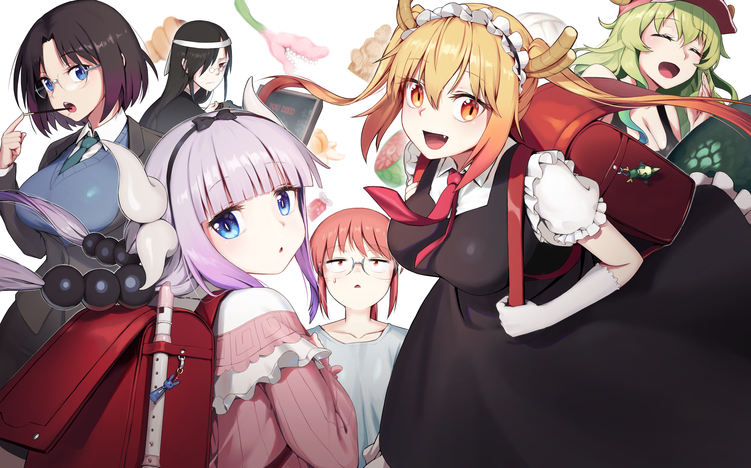 elma_(maidragon) horns kanna_kamui kobayashi-san_chi_no_maidragon kobayashi_(maidragon) maid megane penguin_say quetzalcoatl_(maidragon) sweater tail tooru_(maidragon)