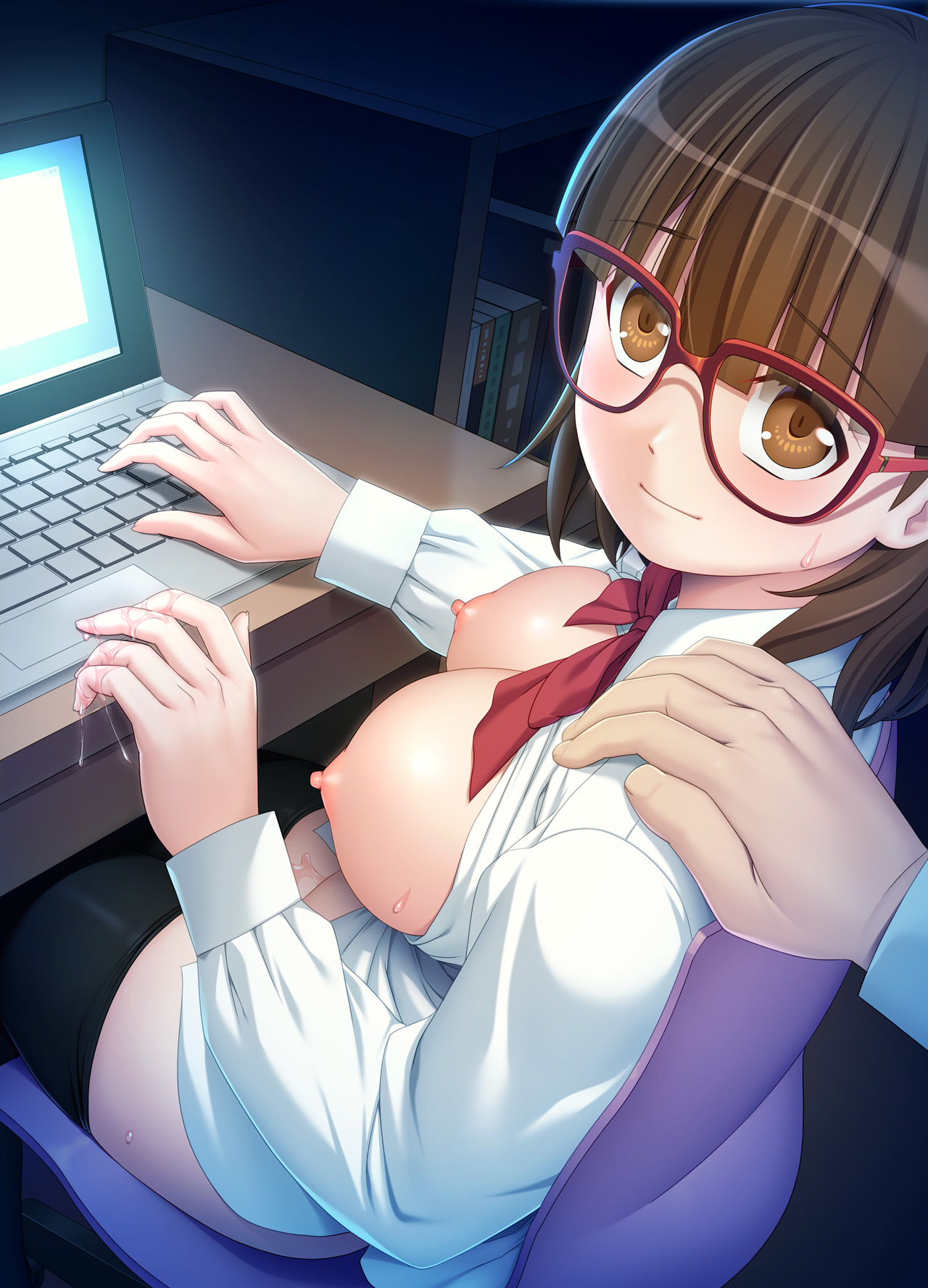 ammolite bottomless breasts megane nipples no_bra open_shirt pussy_juice sakura_romako seifuku thighhighs
