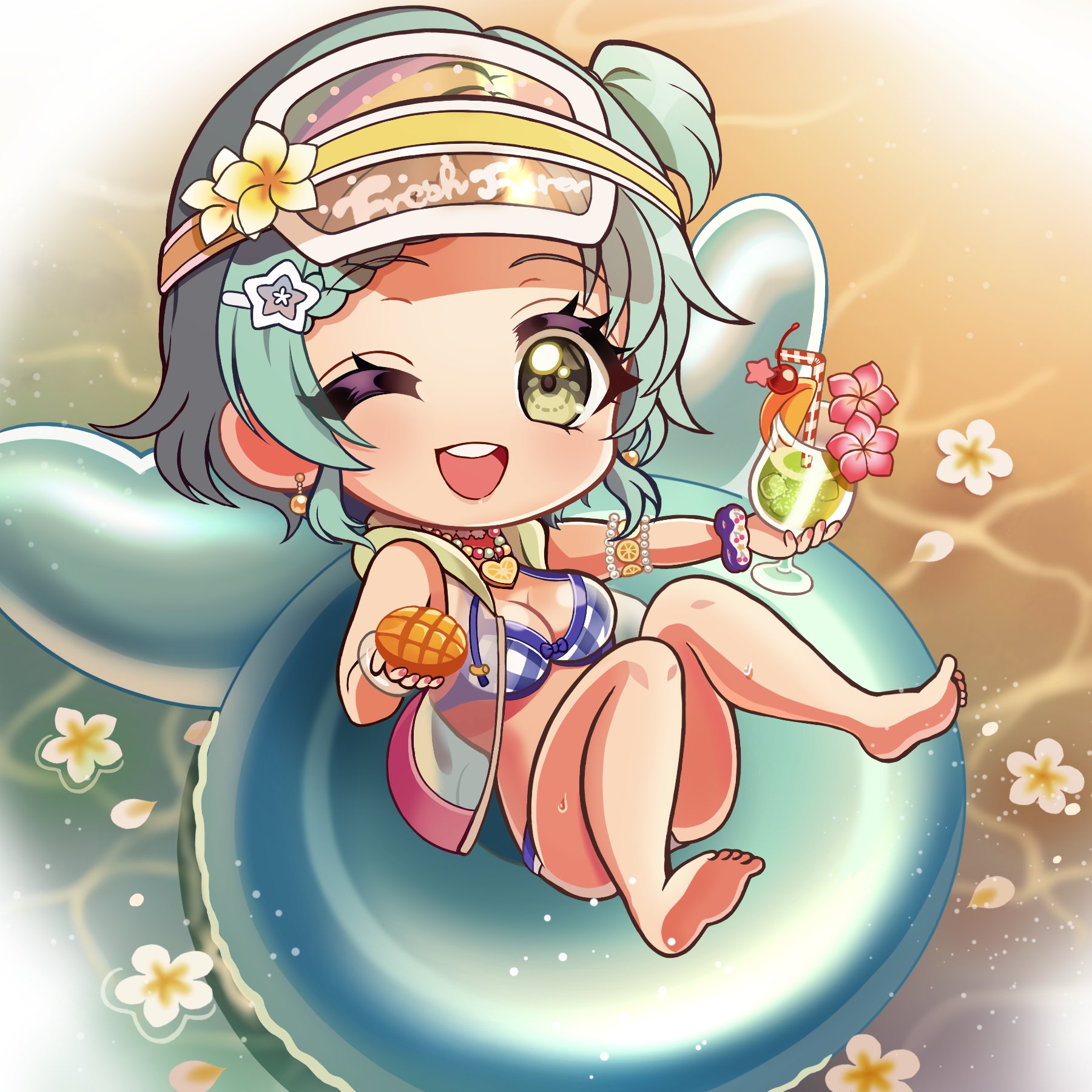 bikini chibi d4dj hanamaki_towa open_shirt see_through swimsuits tagme wet