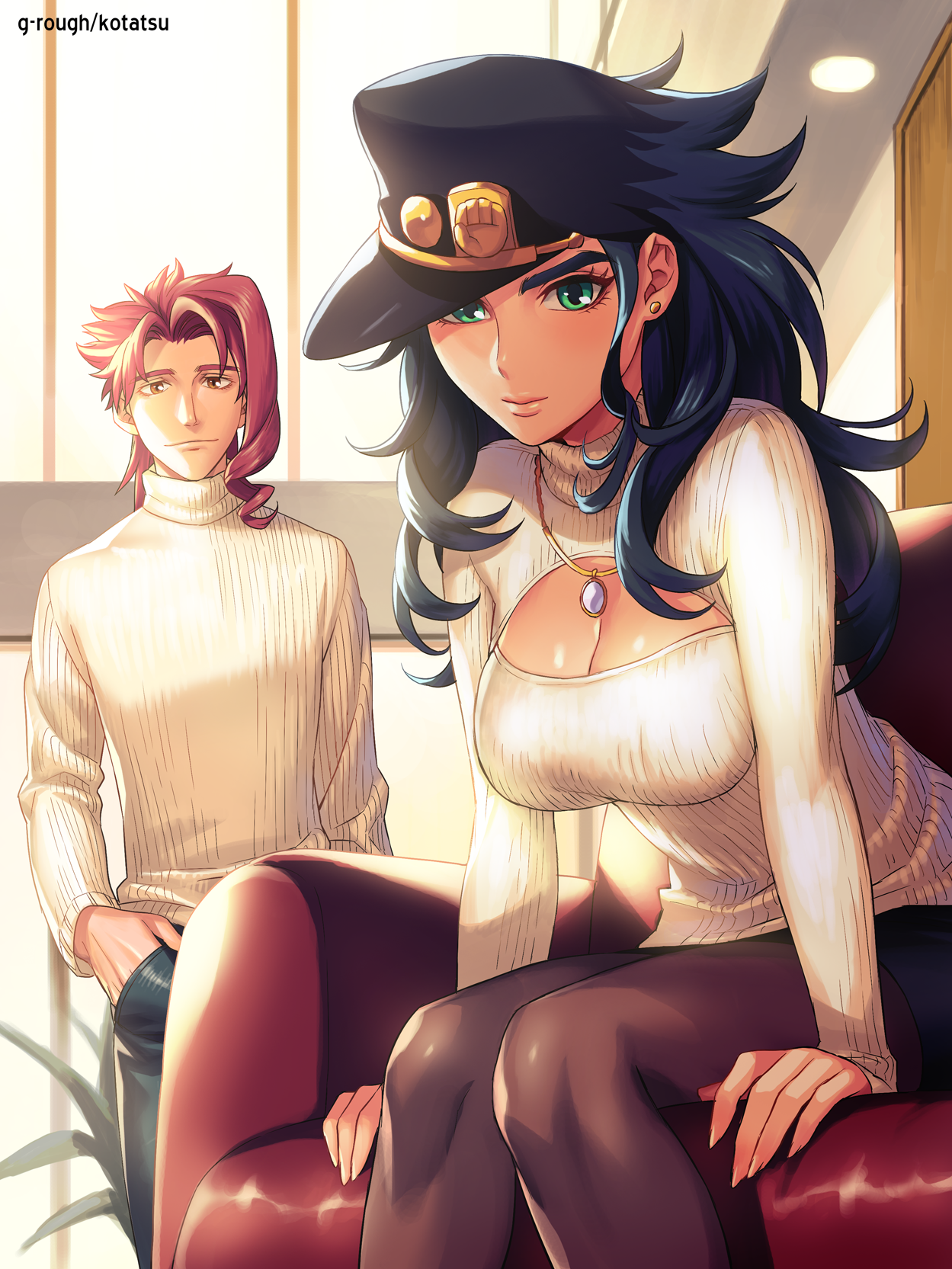 cleavage genderswap jojo's_bizarre_adventure kakyouin_noriaki kotatsu_(g-rough) kujo_jotaro pantyhose sweater