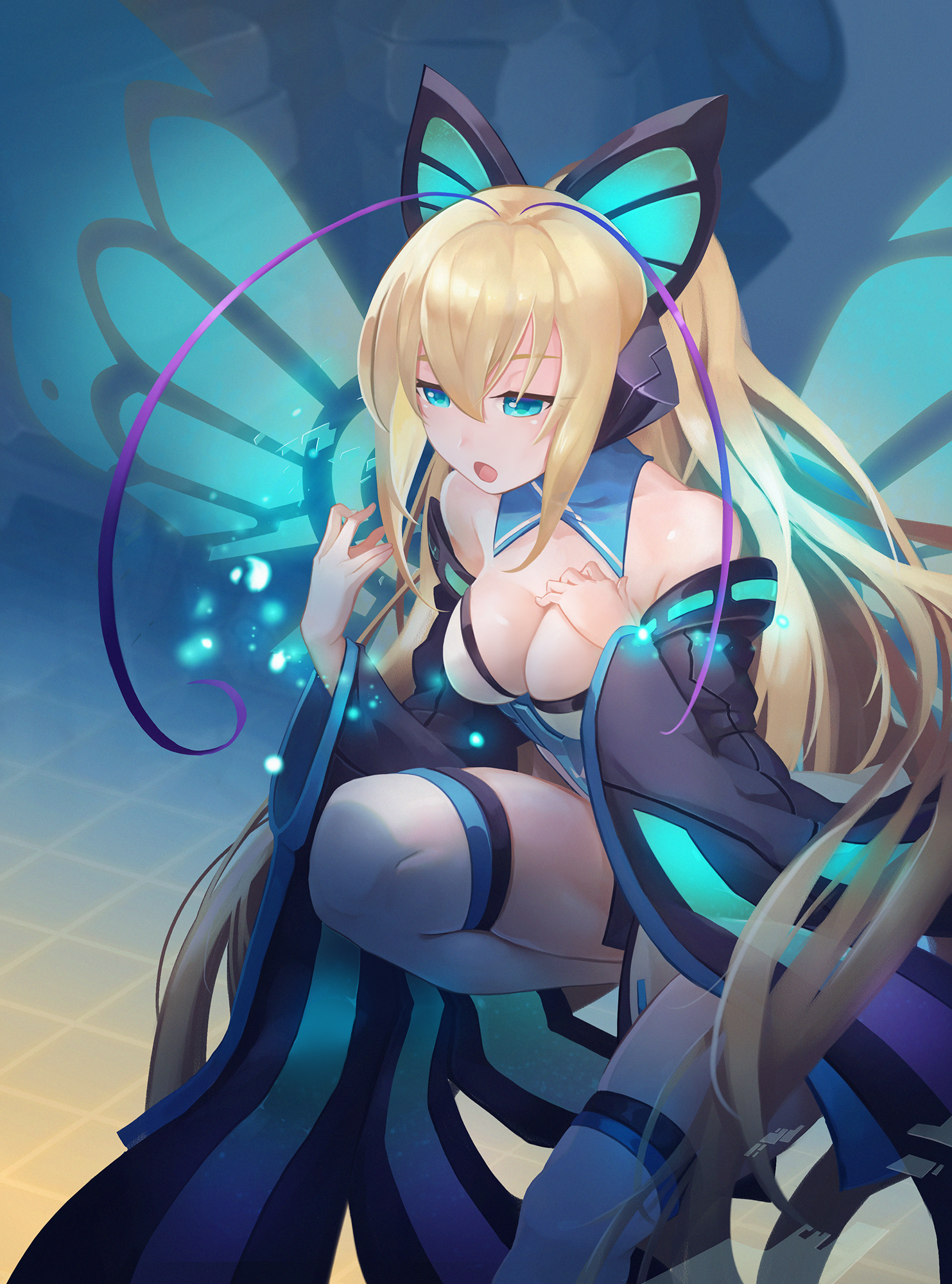 armed_blue:_gunvolt cleavage crow_aberdeen lumen_(gunvolt) thighhighs wings