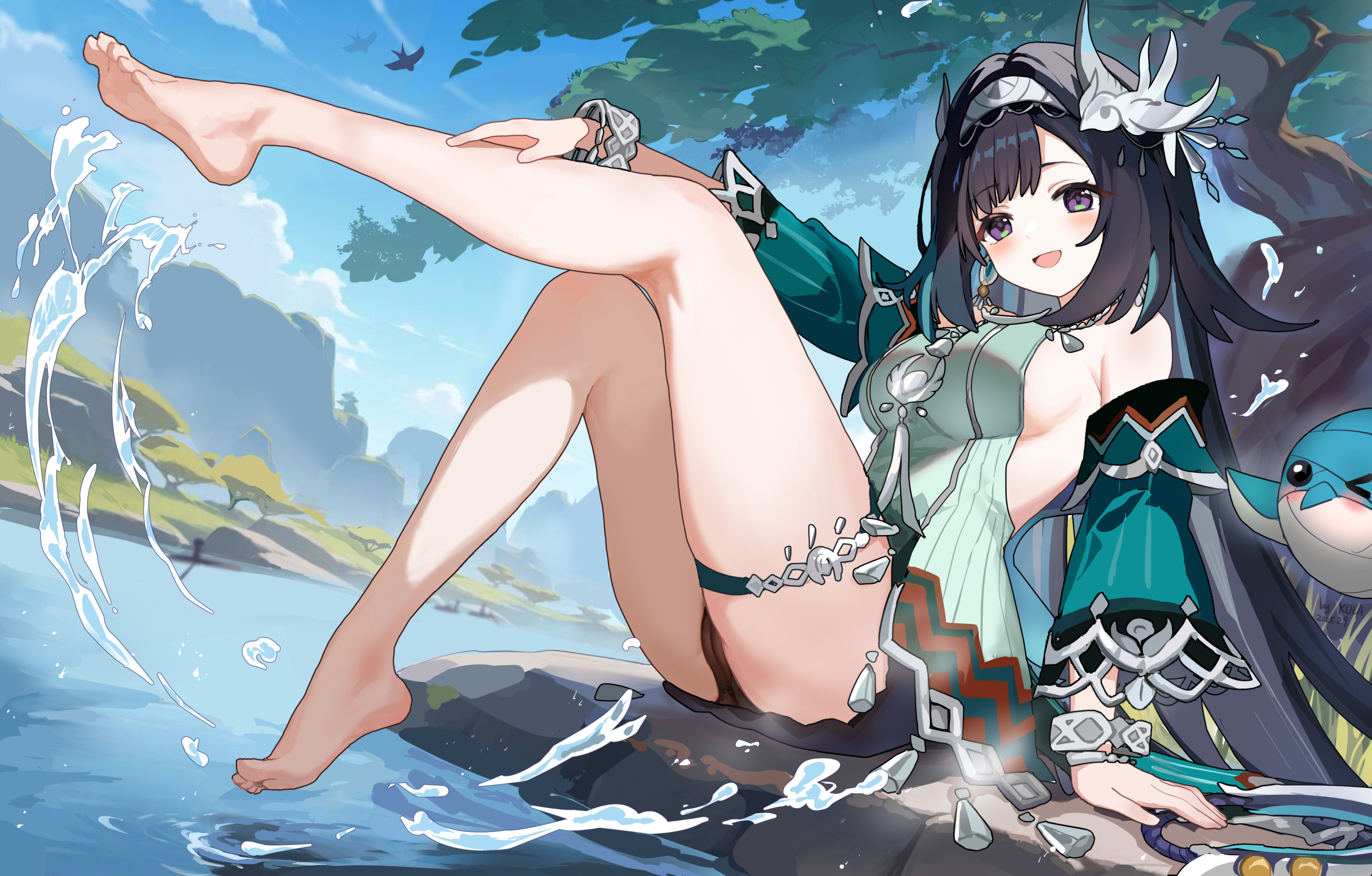 feet garter genshin_impact kkkula lan_yan no_bra pantsu skirt_lift