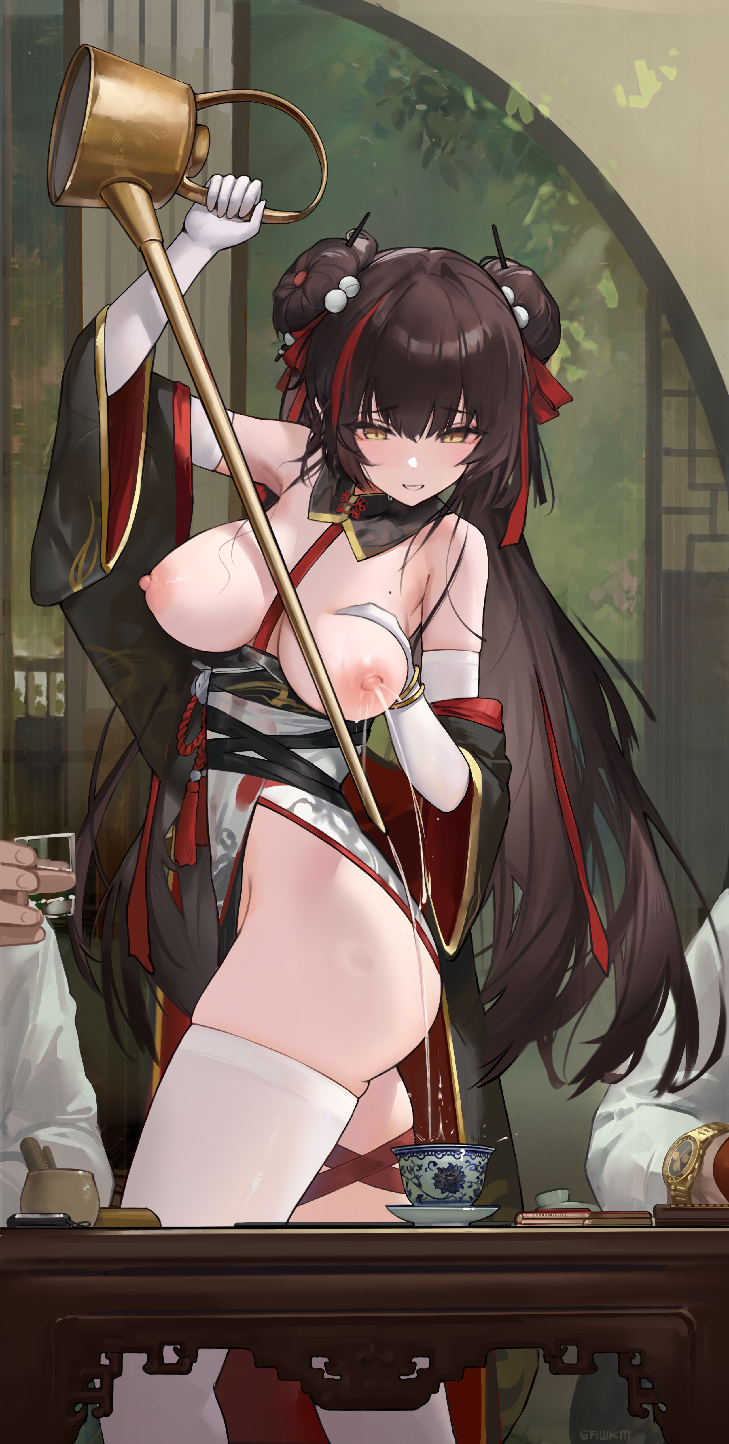 asian_clothes breast_grab breasts garter girls_frontline lactation nipples no_bra nopan qbz-97_(girls_frontline) sawkm thighhighs