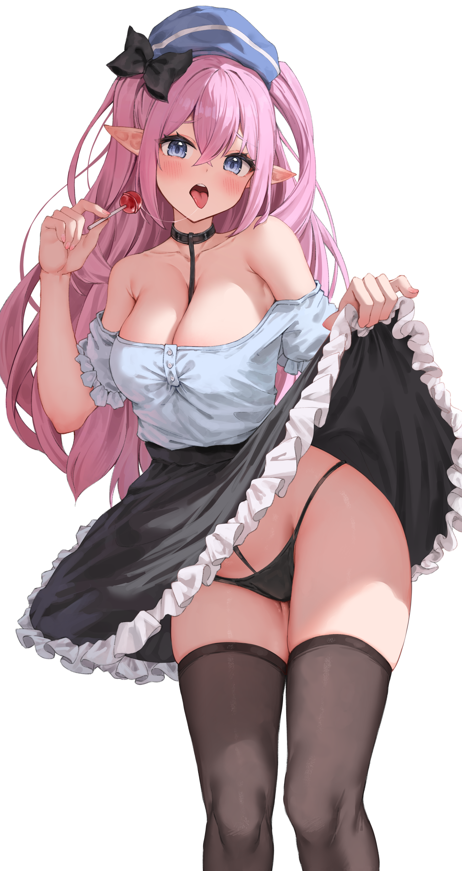 no_bra pantsu pointy_ears shiriaru_(jjonaeng) skirt_lift thighhighs