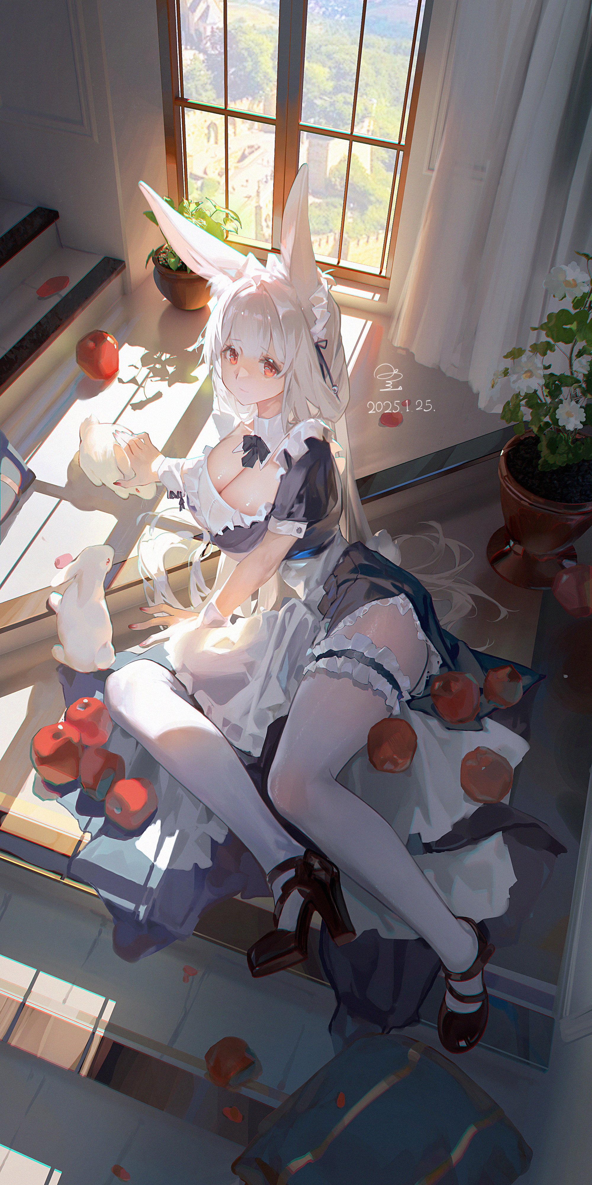 animal_ears bunny_ears garter heels maid no_bra pantyhose ribao see_through skirt_lift