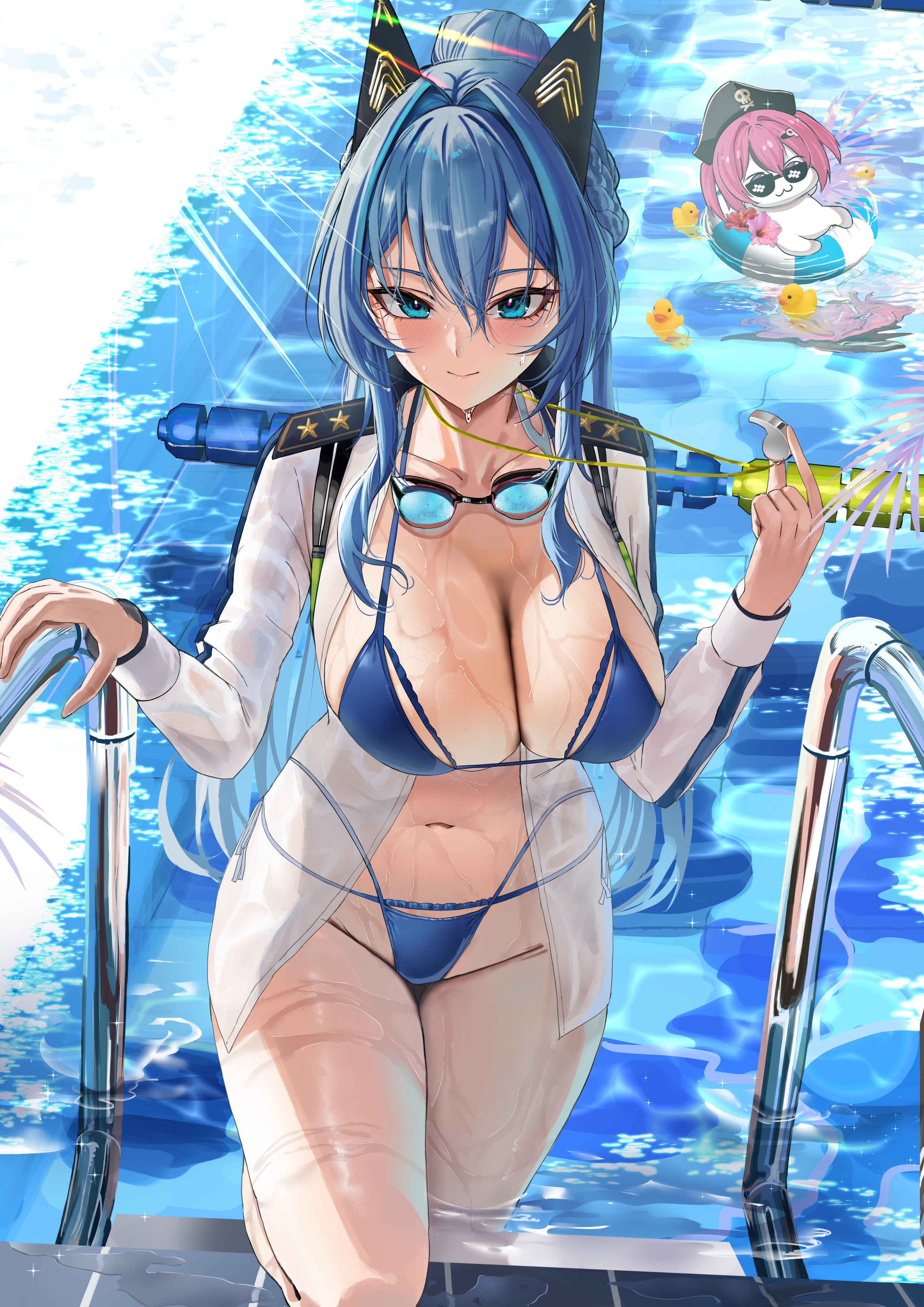 bikini chibi goddess_of_victory:_nikke helm mast_(nikke) megane open_shirt pirate see_through swimsuits uniform wet wet_clothes yowayowachimpo