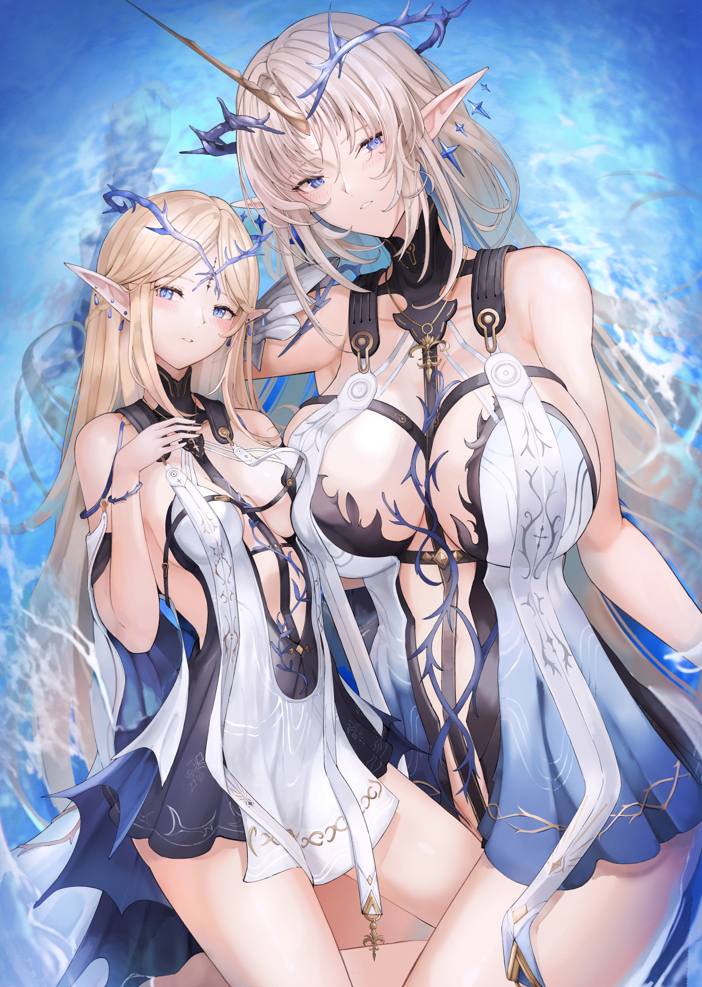 cartethyia dress fleurdelys horns no_bra pointy_ears symmetrical_docking tattoo wet wuthering_waves yusha_(m-gata)