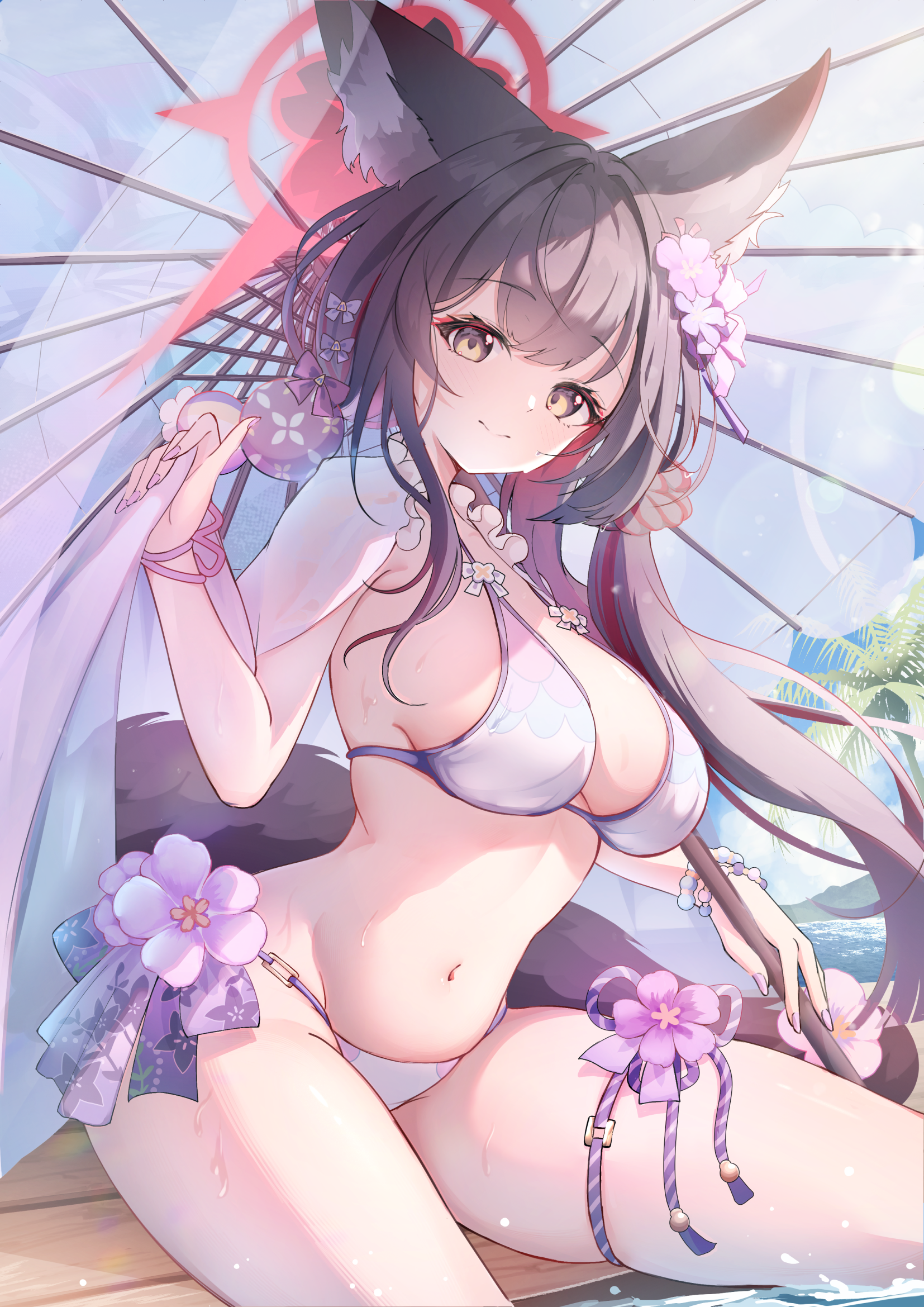 animal_ears bikini blue_archive garter halo japanese_clothes kitsune kosaka_wakamo see_through swimsuits tail umbrella wet wet_clothes yukisaki_mizuchi