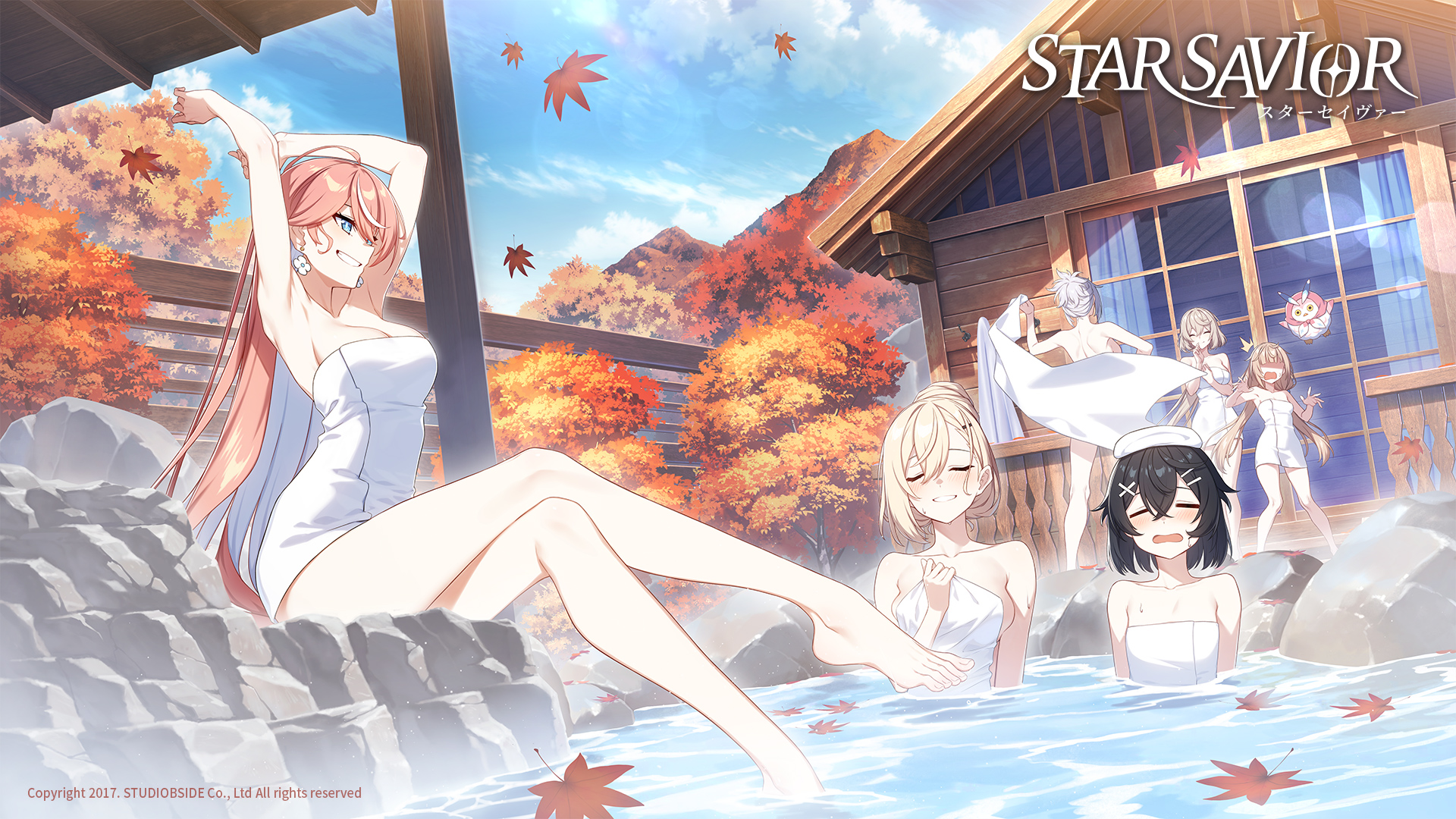 bathing breast_hold naked onsen star_savior studiobside tagme topless towel wallpaper wet