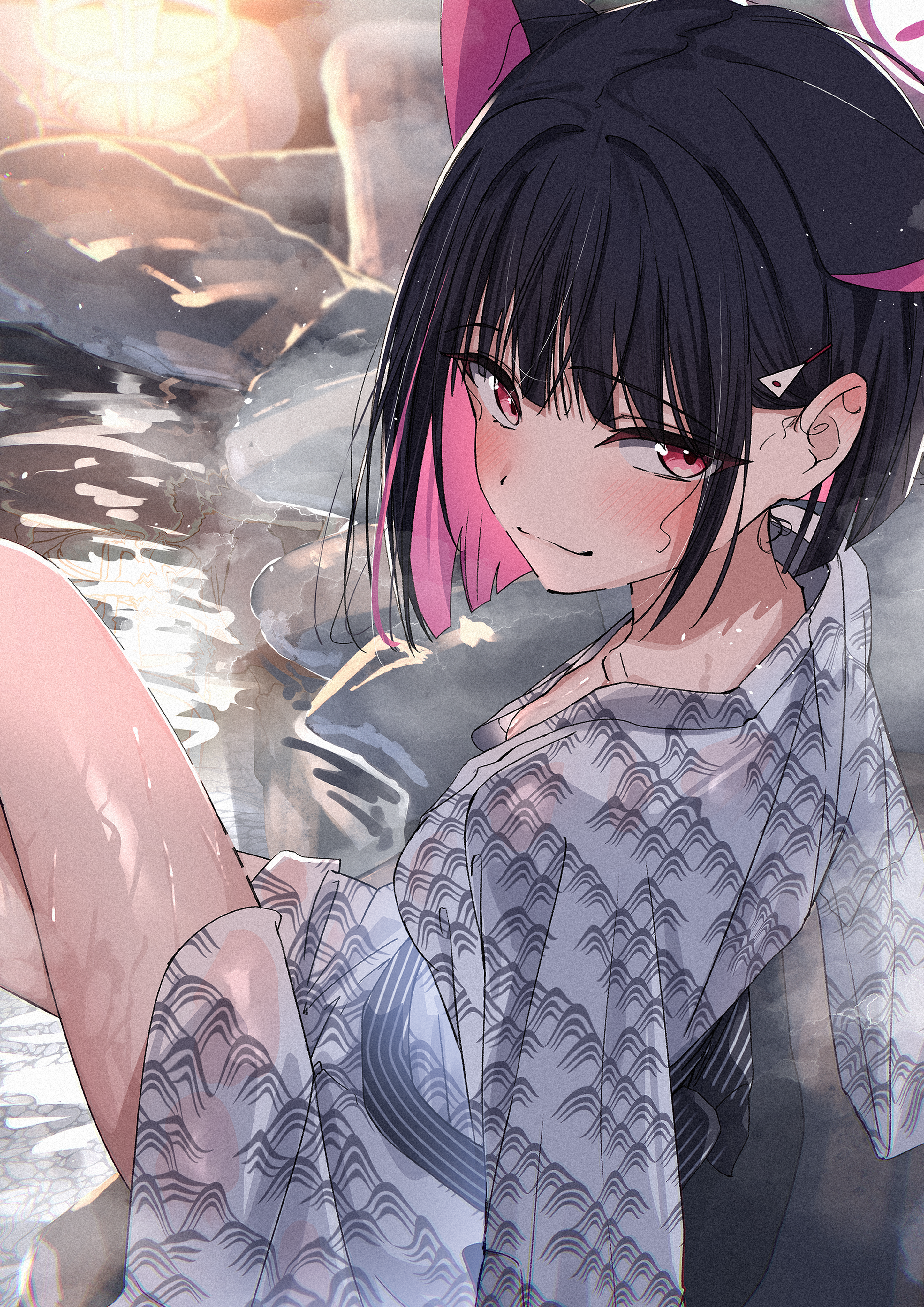 animal_ears blue_archive halo kyouyama_kazusa nekomimi no_bra open_shirt see_through tagme wet wet_clothes yukata