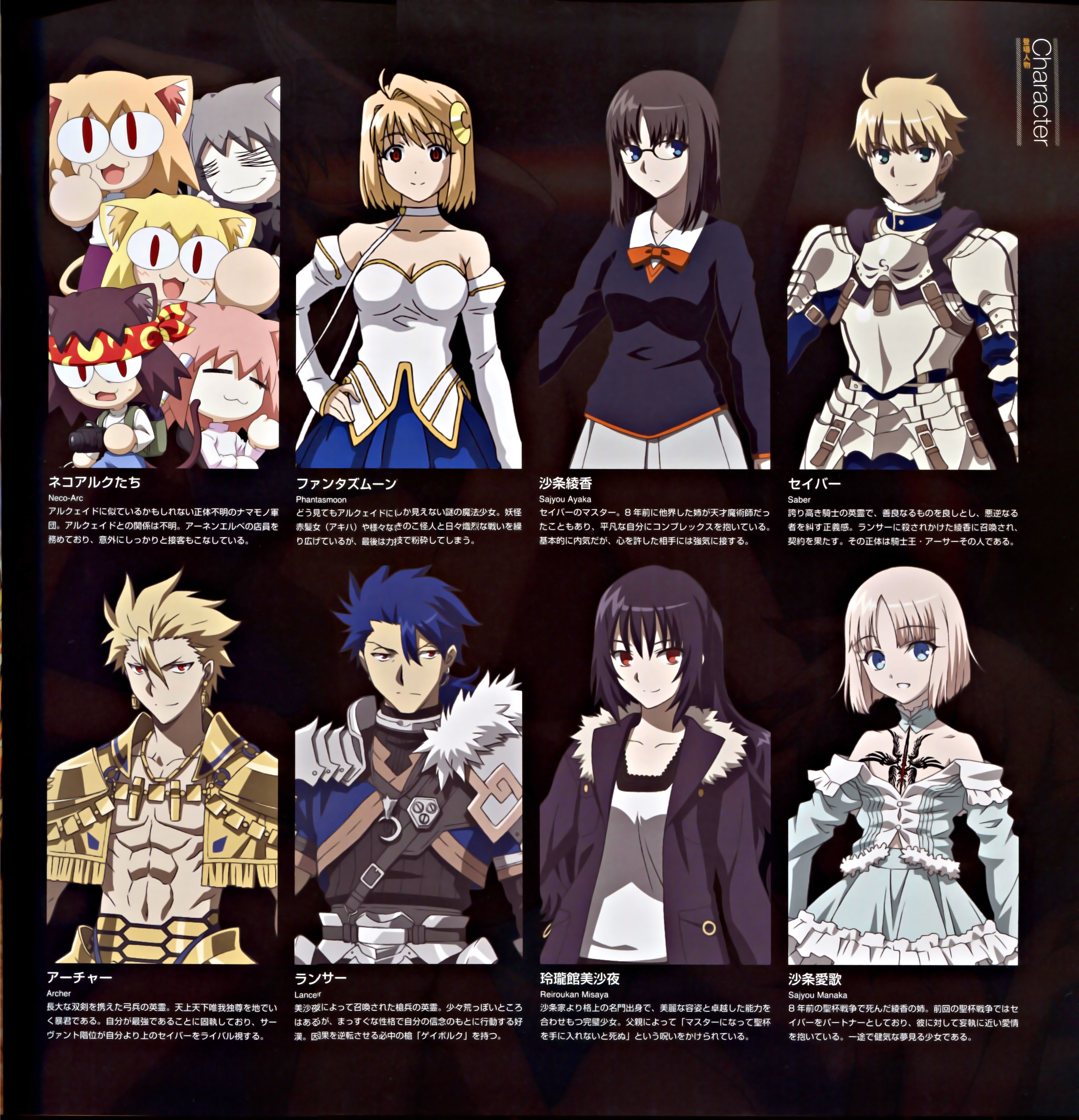 binding_discoloration carnival_phantasm fate/prototype fate/stay_night gilgamesh_(fate) lancer_(fate/prototype) neko_arc neko_arc_bubbles phantas-moon reiroukan_misaya saber_(fate/prototype) sajou_ayaka sajou_manaka type-moon
