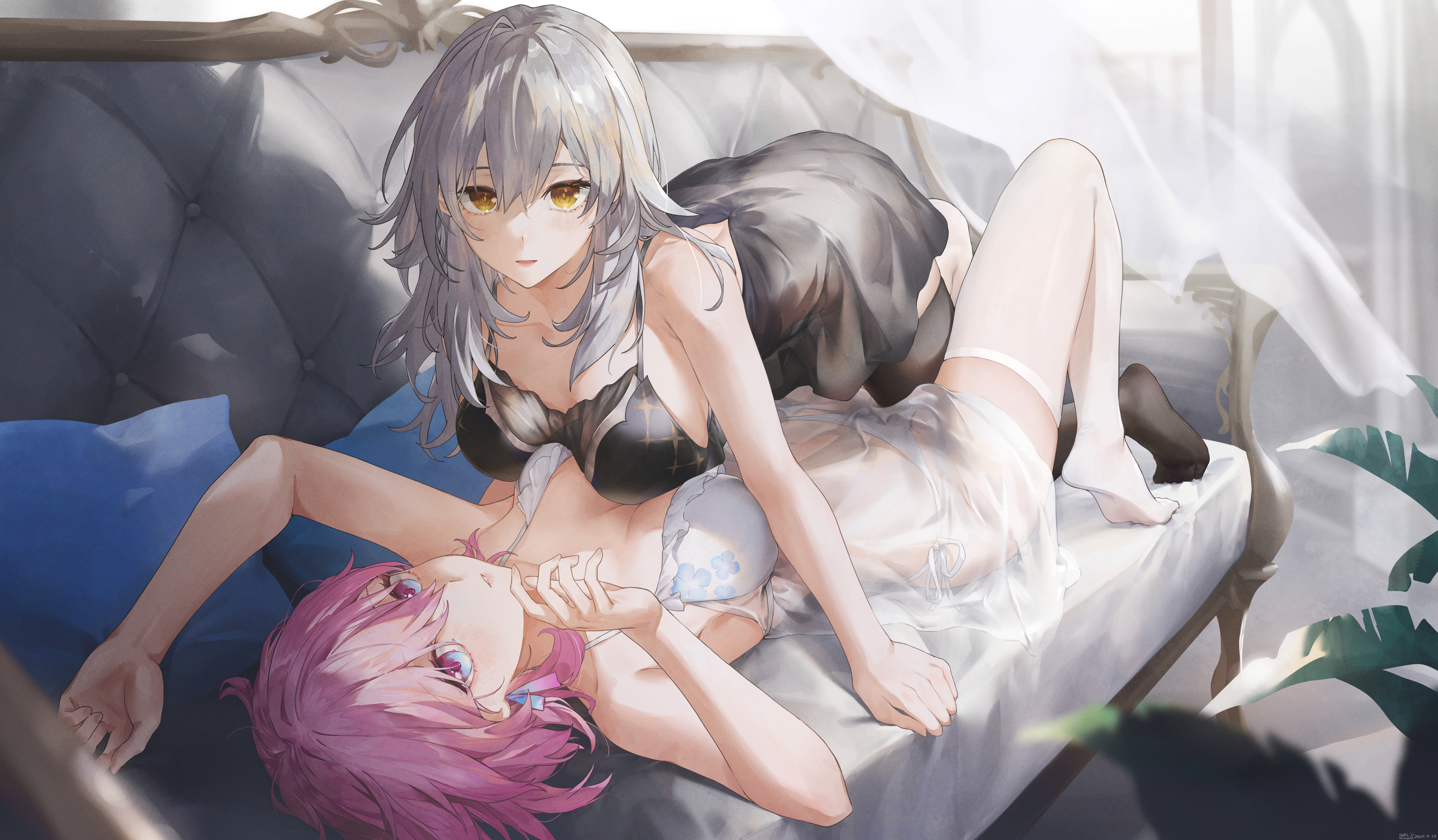 honkai:_star_rail lingerie march_7th pantsu see_through stelle swkl:d thighhighs yuri