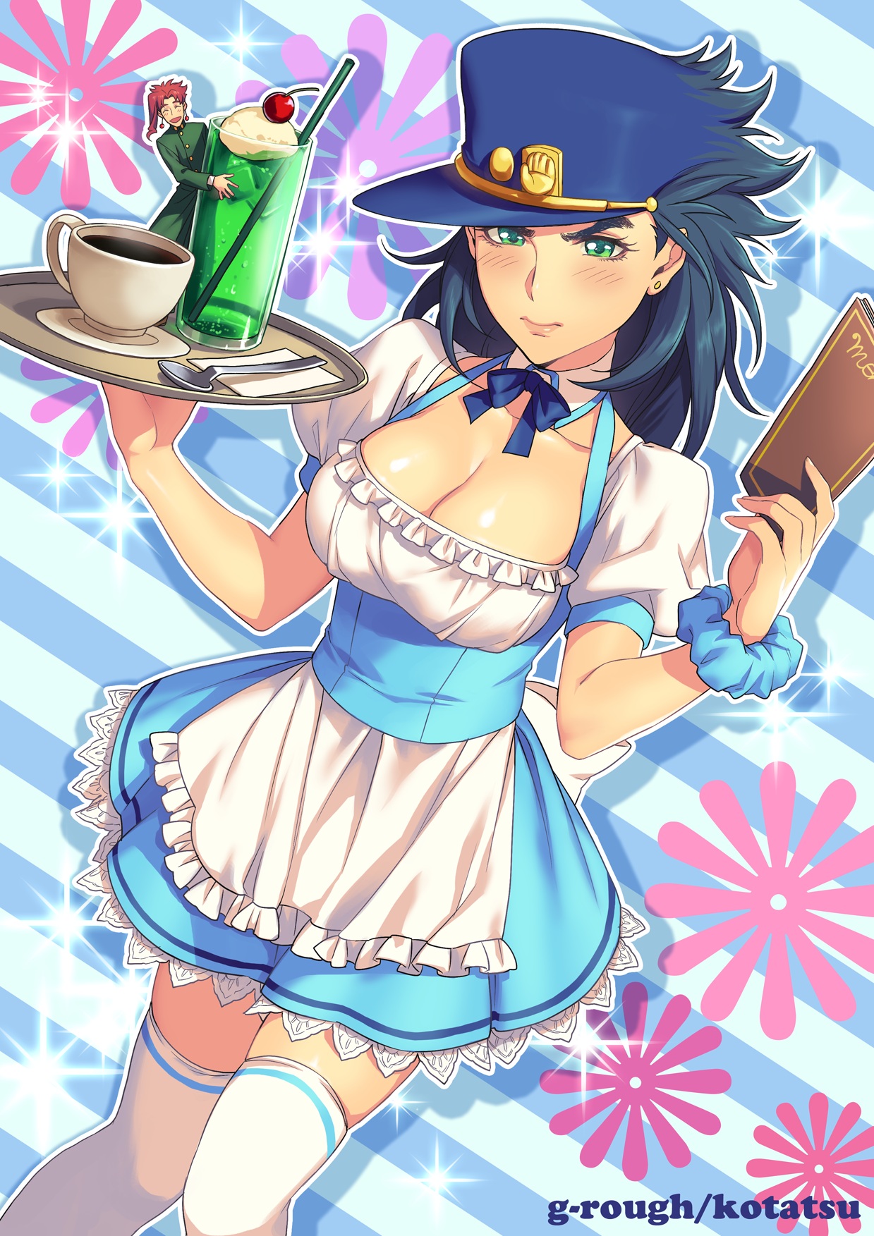 cleavage dress genderswap jojo's_bizarre_adventure kakyouin_noriaki kotatsu_(g-rough) kujo_jotaro thighhighs waitress