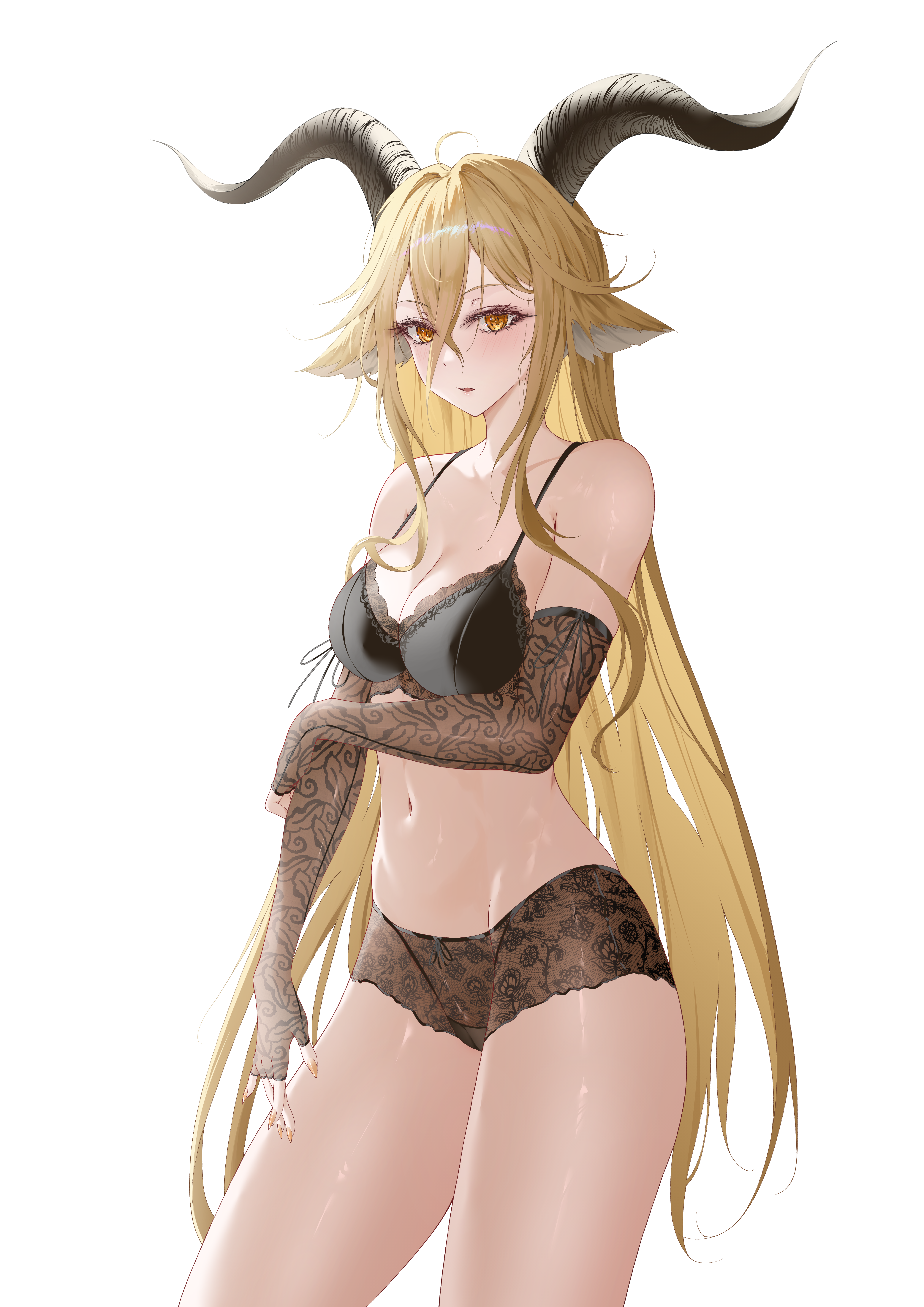 animal_ears arknights bra degenbrecher_(arknights) dlnk horns lingerie pantsu see_through