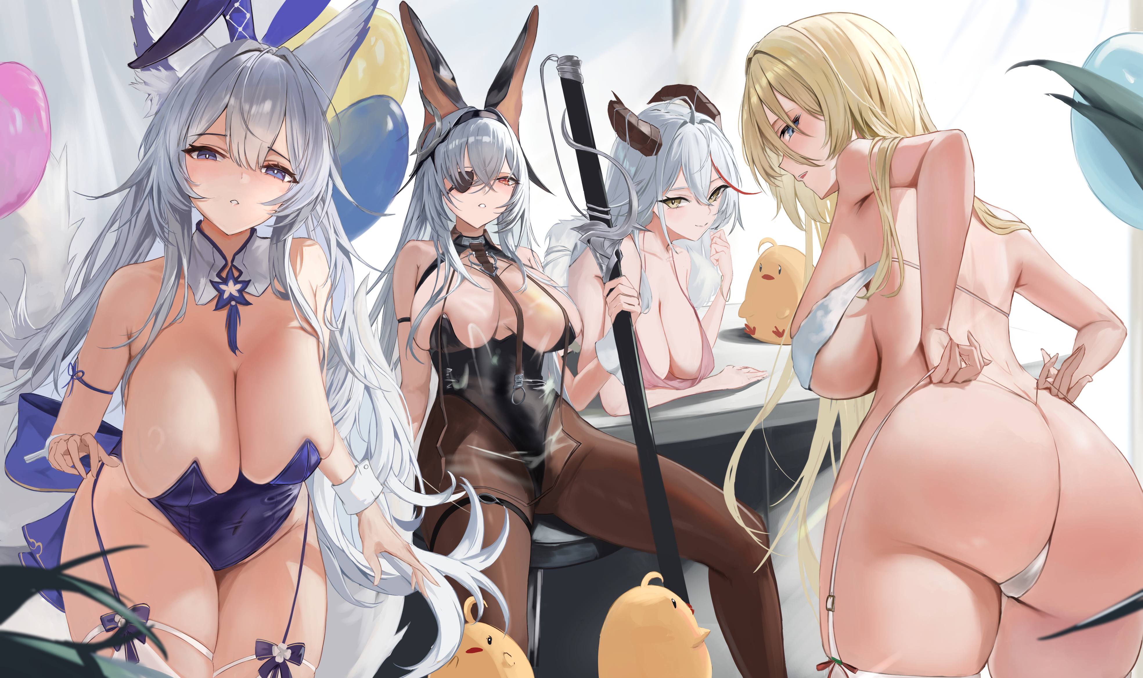 aegir_(azur_lane) animal_ears ass azur_lane bismarck_(azur_lane) bunny_ears bunny_girl chunchilin fritz_rumey_(azur_lane) garter horns kitsune manjuu_(azur_lane) no_bra pantyhose shinano_(azur_lane) stockings tail thighhighs undressing