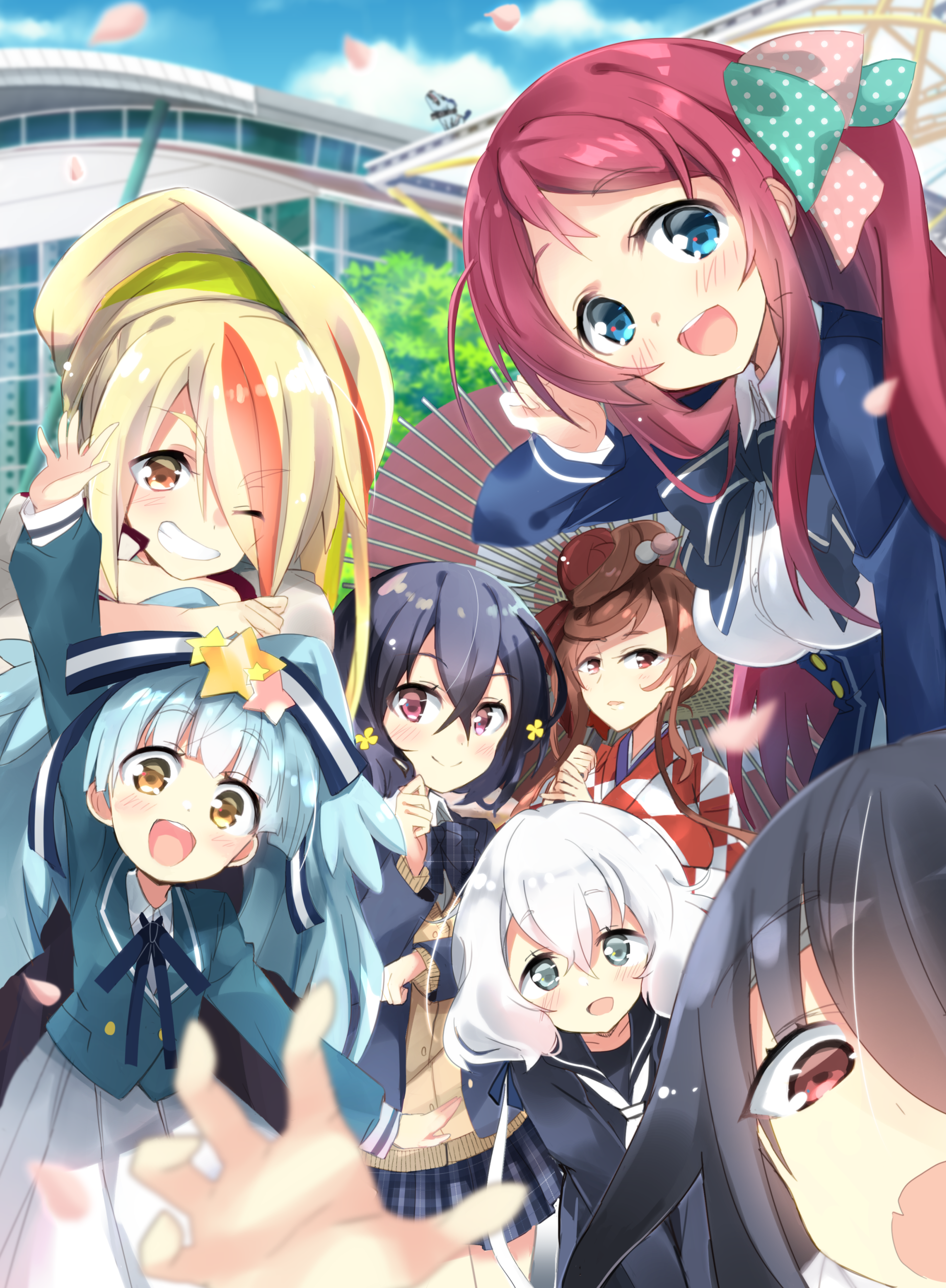 hizuki_yayoi hoshikawa_lily japanese_clothes konno_junko minamoto_sakura mizuno_ai nikaido_saki seifuku sweater trap umbrella yamada_tae yuugiri_(zombieland_saga) zombieland_saga