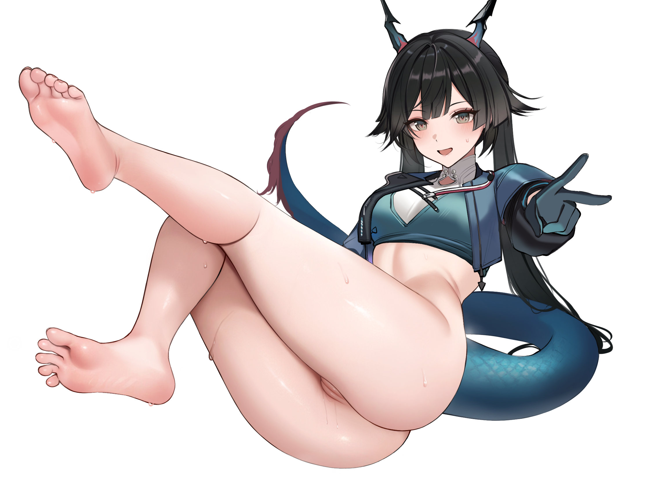 arknights arknights:_endfield ateoyh bottomless chen_qianyu_(arknights) feet horns pussy tail uncensored wet