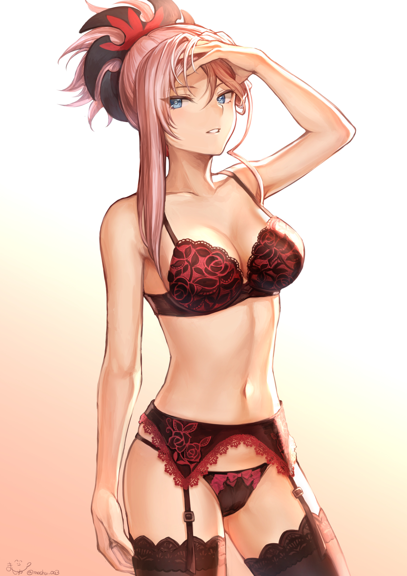 bra cleavage fate/grand_order garter_belt lingerie mashu_(003) miyamoto_musashi_(fate) pantsu stockings thighhighs