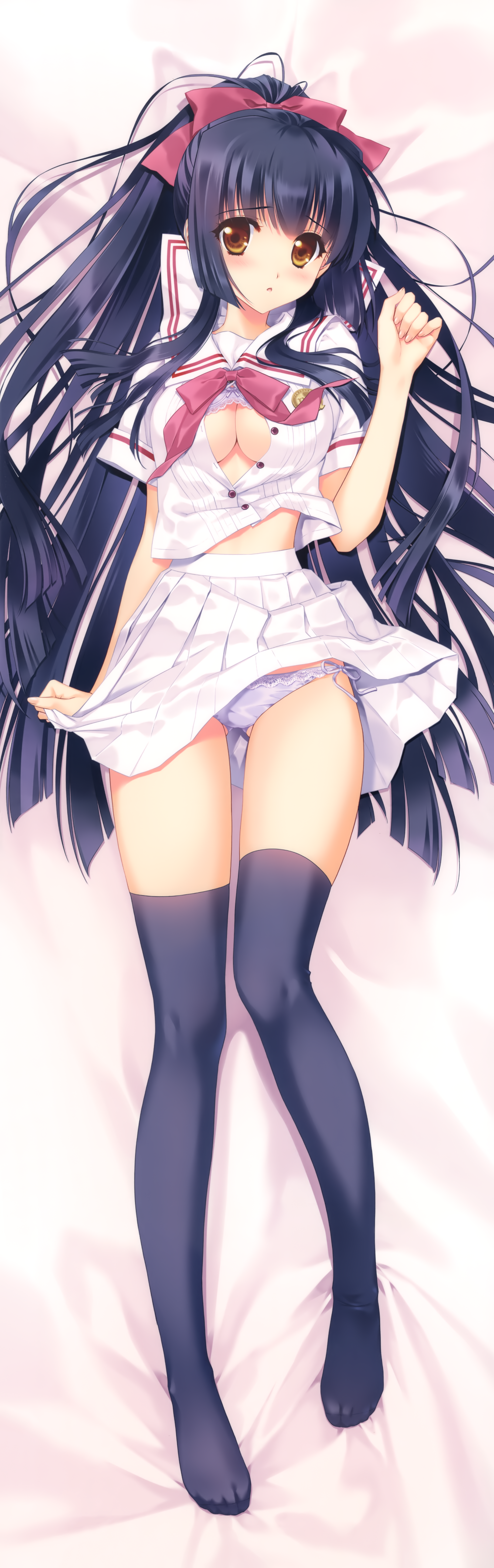 bra carnelian cleavage dakimakura kao_no_nai_tsuki kuraki_suzuna open_shirt orbit pantsu seifuku skirt_lift string_panties thighhighs