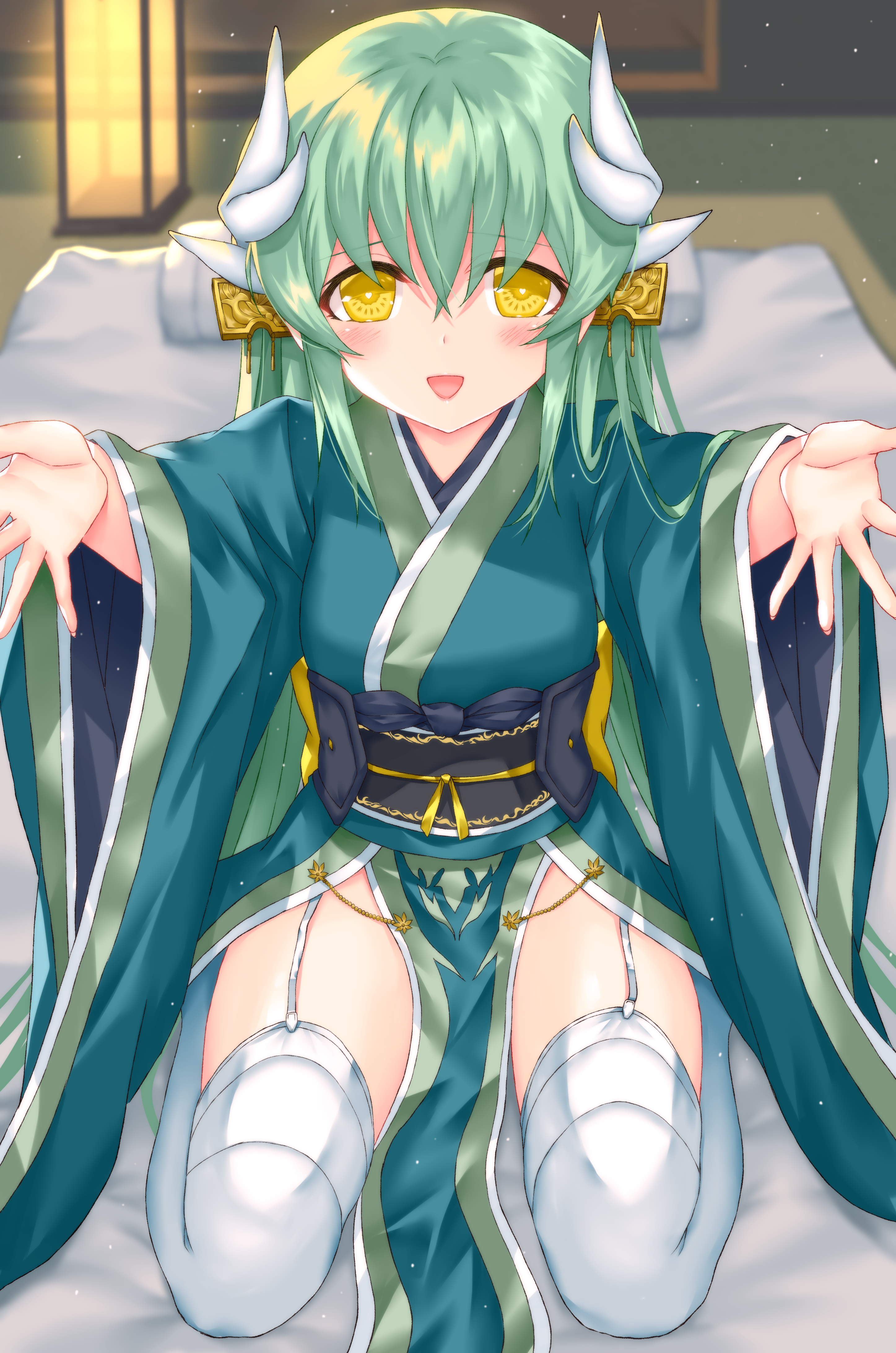 Morizono Shiki Fate Grand Order Kiyohime Fate Grand Order Horns Japanese Clothes Stockings Thighhighs Yande Re