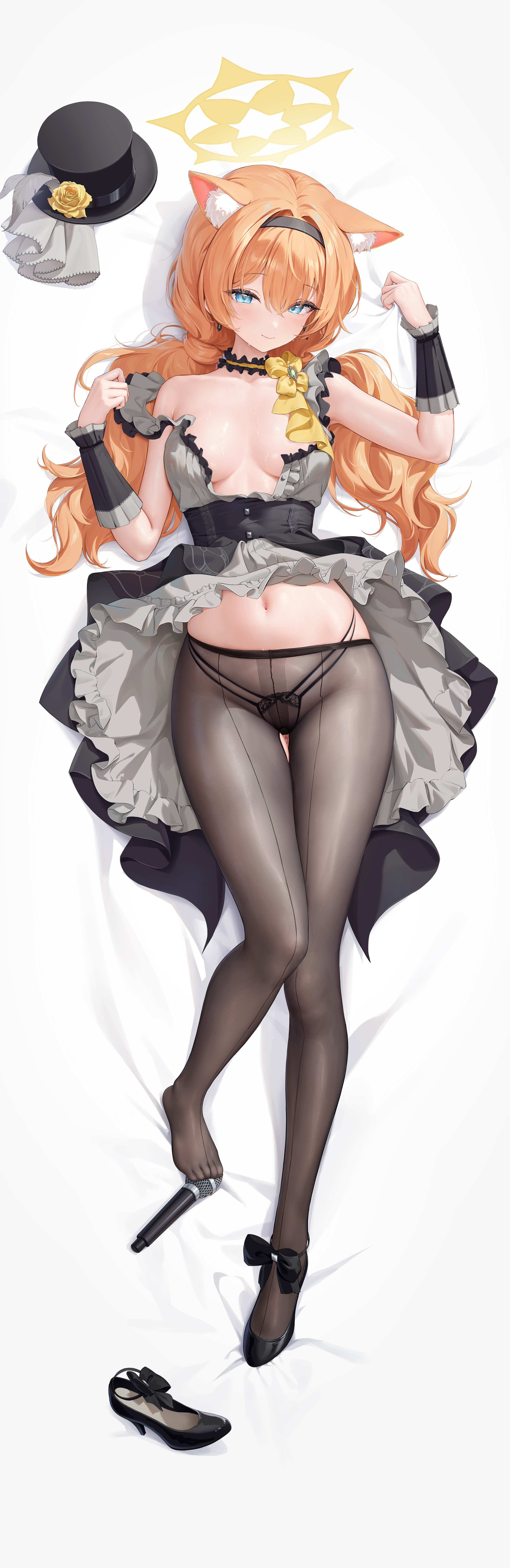animal_ears blue_archive dakimakura halo heels houkisei iochi_mari loli nekomimi no_bra open_shirt pantsu pantyhose see_through skirt_lift uniform wet wet_clothes