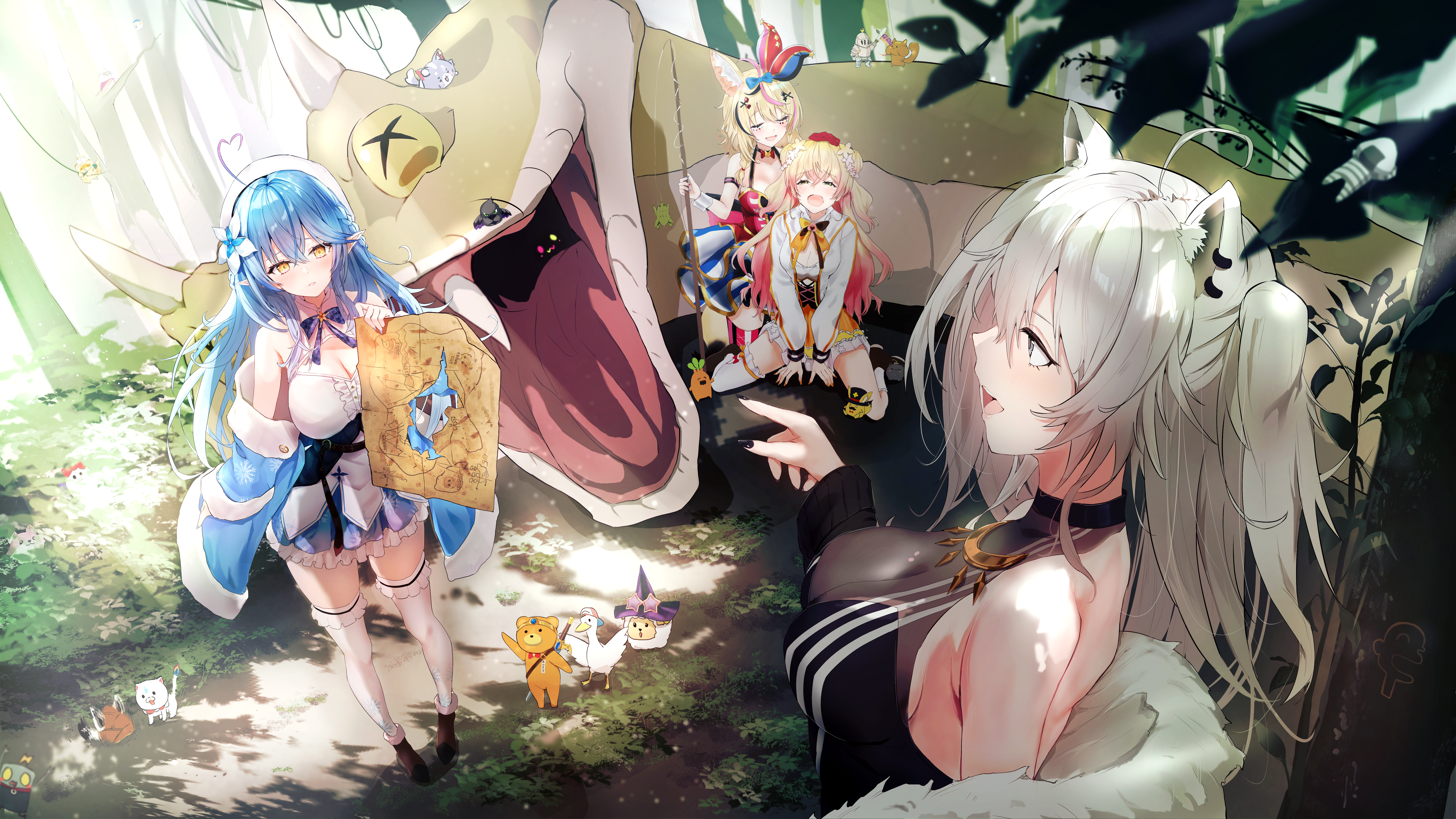 animal_ears elf hololive momosuzu_nene monster mugiusagi no_bra omaru_polka pointy_ears shishiro_botan thighhighs yukihana_lamy