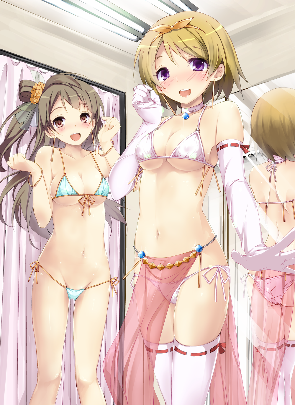 ass bikini cleavage koizumi_hanayo love_live! minami_kotori see_through swimsuits thighhighs underboob yagami_shuuichi