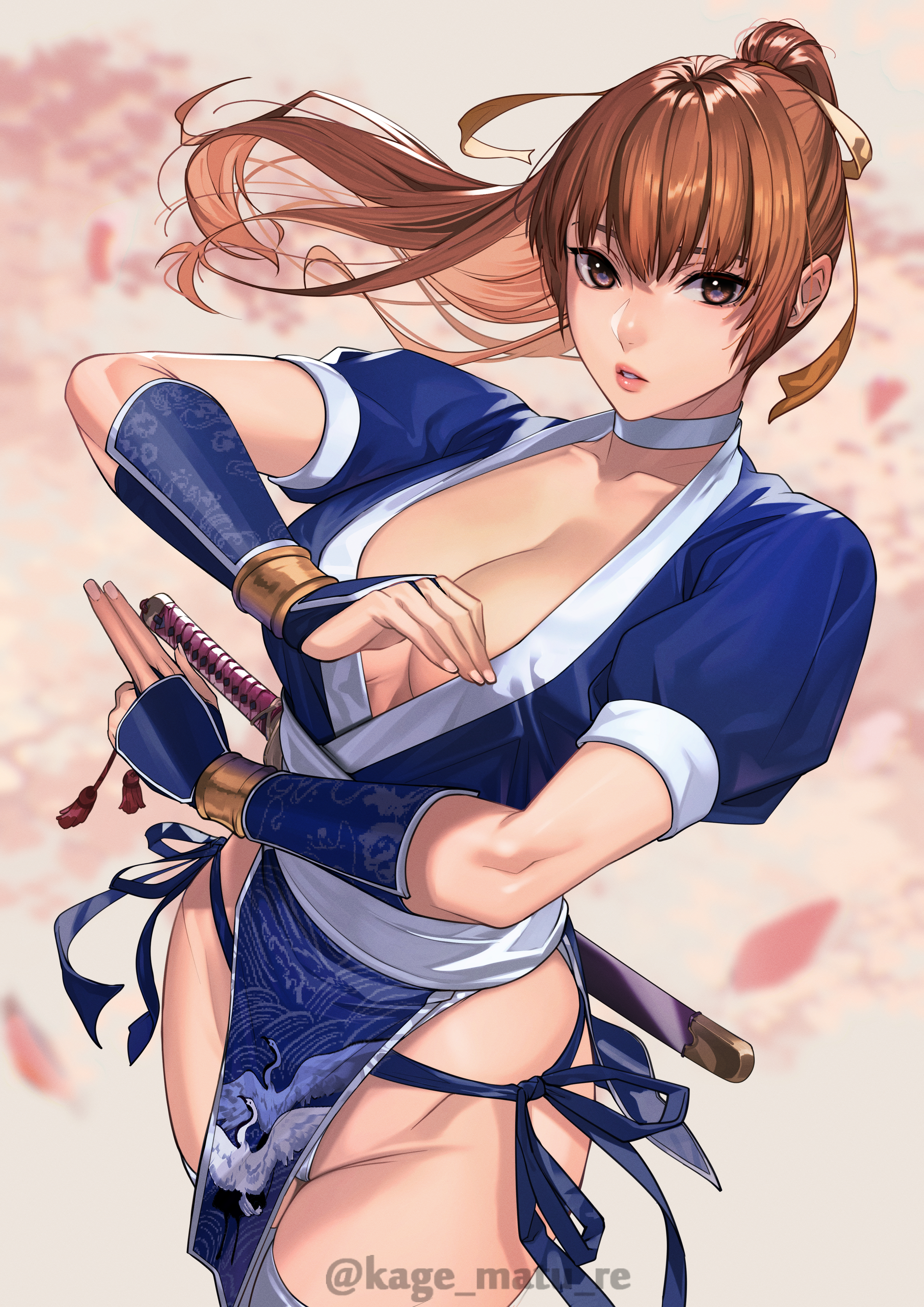 dead_or_alive kagematsuri kasumi ninja no_bra open_shirt pantsu string_panties sword thighhighs