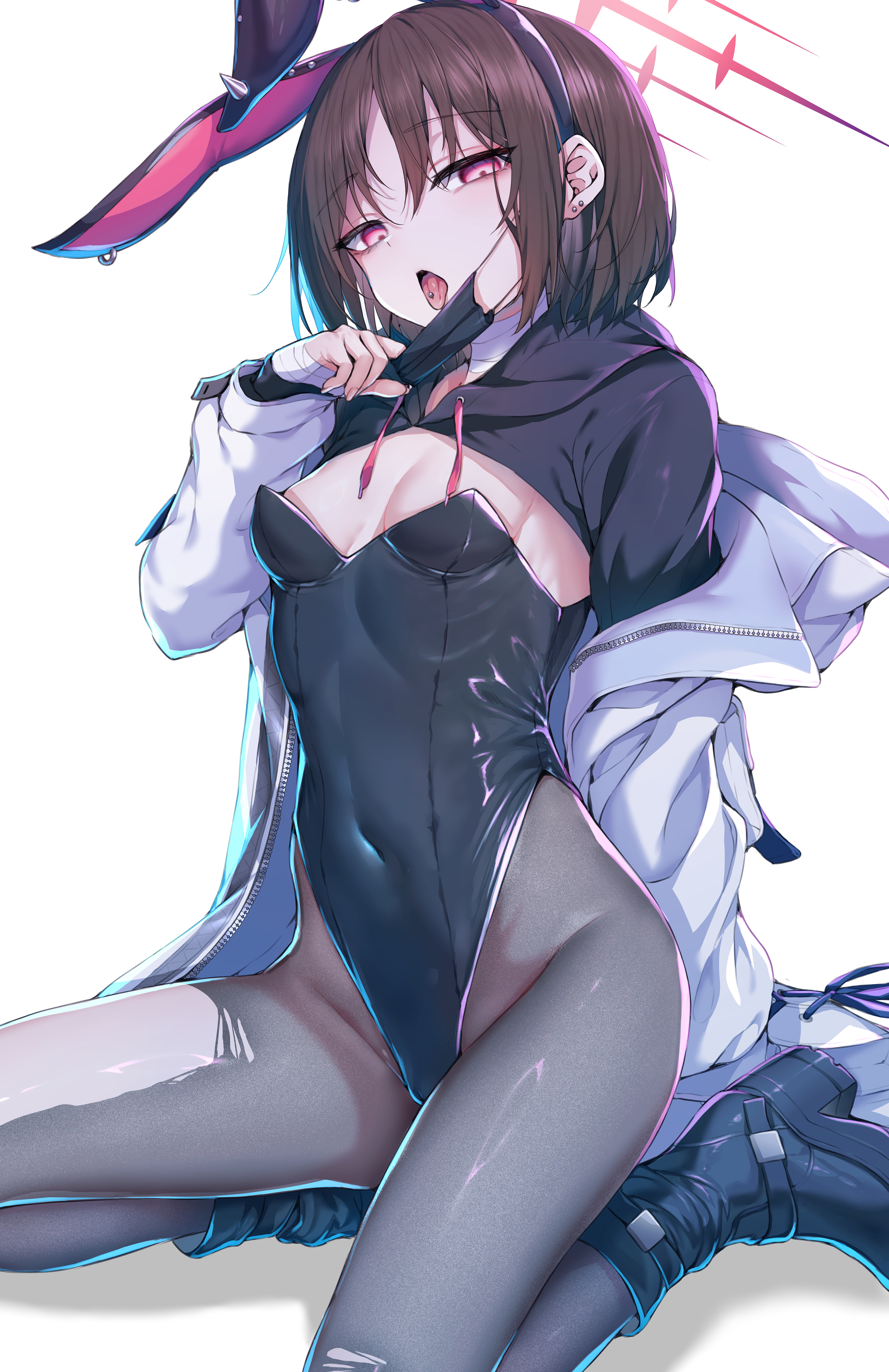 animal_ears bandages blue_archive bunny_ears bunny_girl halo heels imashino_misaki no_bra pantyhose torn_clothes uko_magi